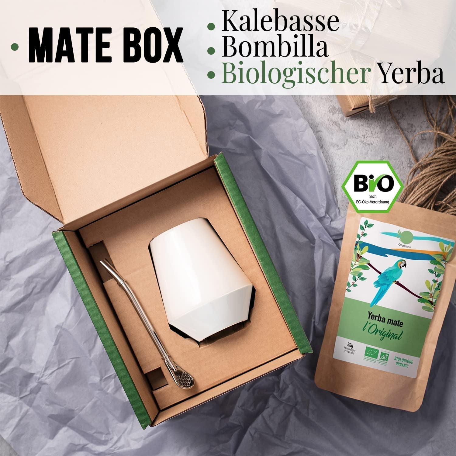 ZESTAW HERBATY ORIGEENS MATE Z filiżanką portugalskiej mate, bombillą i herbatą BIO Yerba Mate - Oryginalny zestaw upominkowy