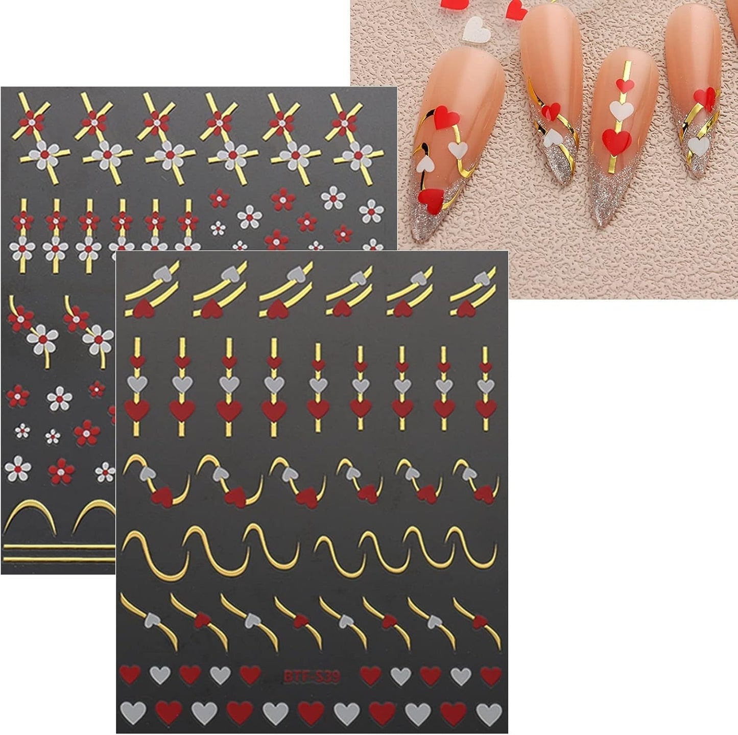 JMEOWIO Nagelsticker Herz Linien Blumen 9 Blatt Nail Art Naklejka Selbstklebend Nagelaufkleber Bunte Dekoration Nageldesign Zubehör