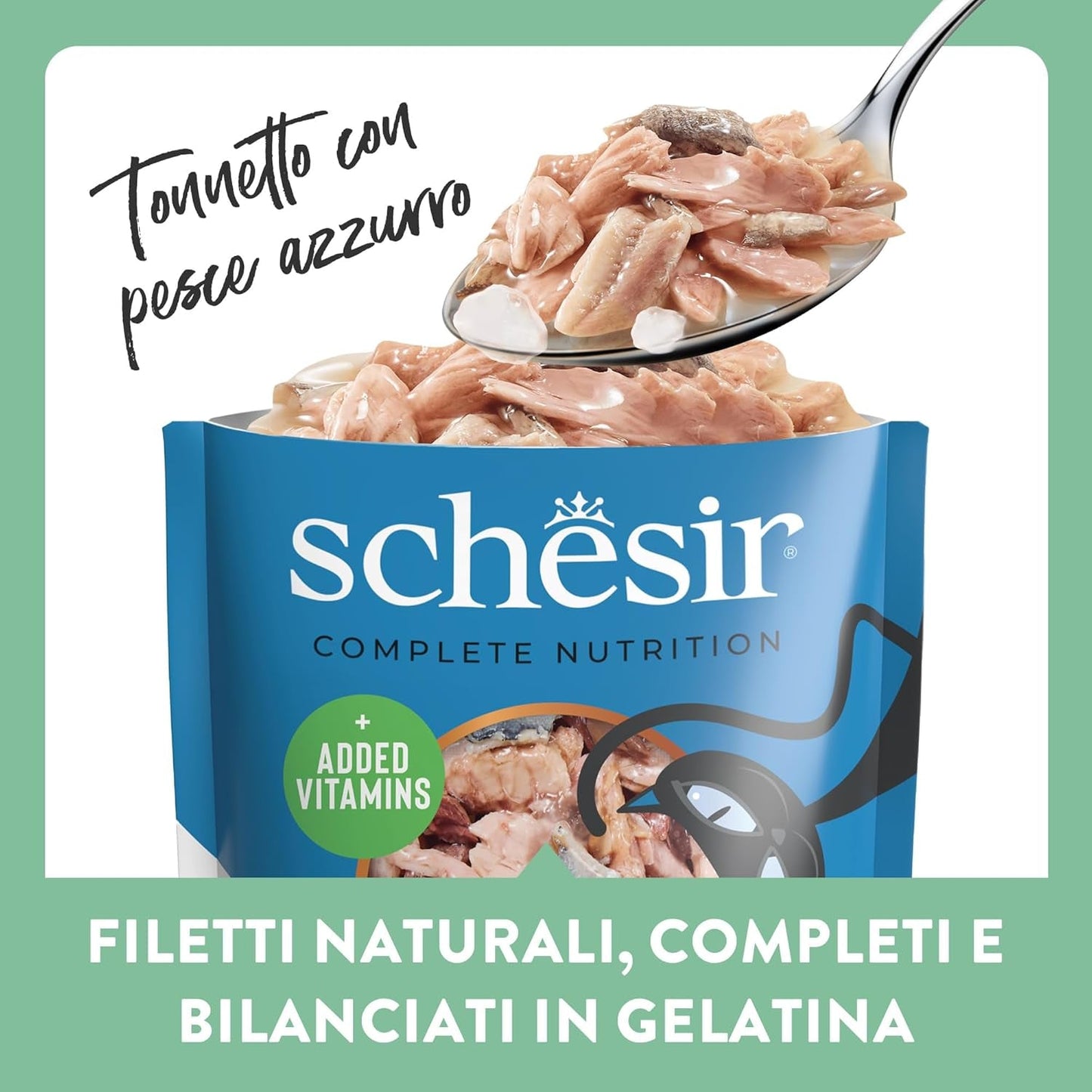 , Tuńczyk z błękitną rybą w galarecie, kompletna mokra karma dla kotów, w saszetce, z dodatkowymi witaminami, 100% naturalna, 6 x 85 g