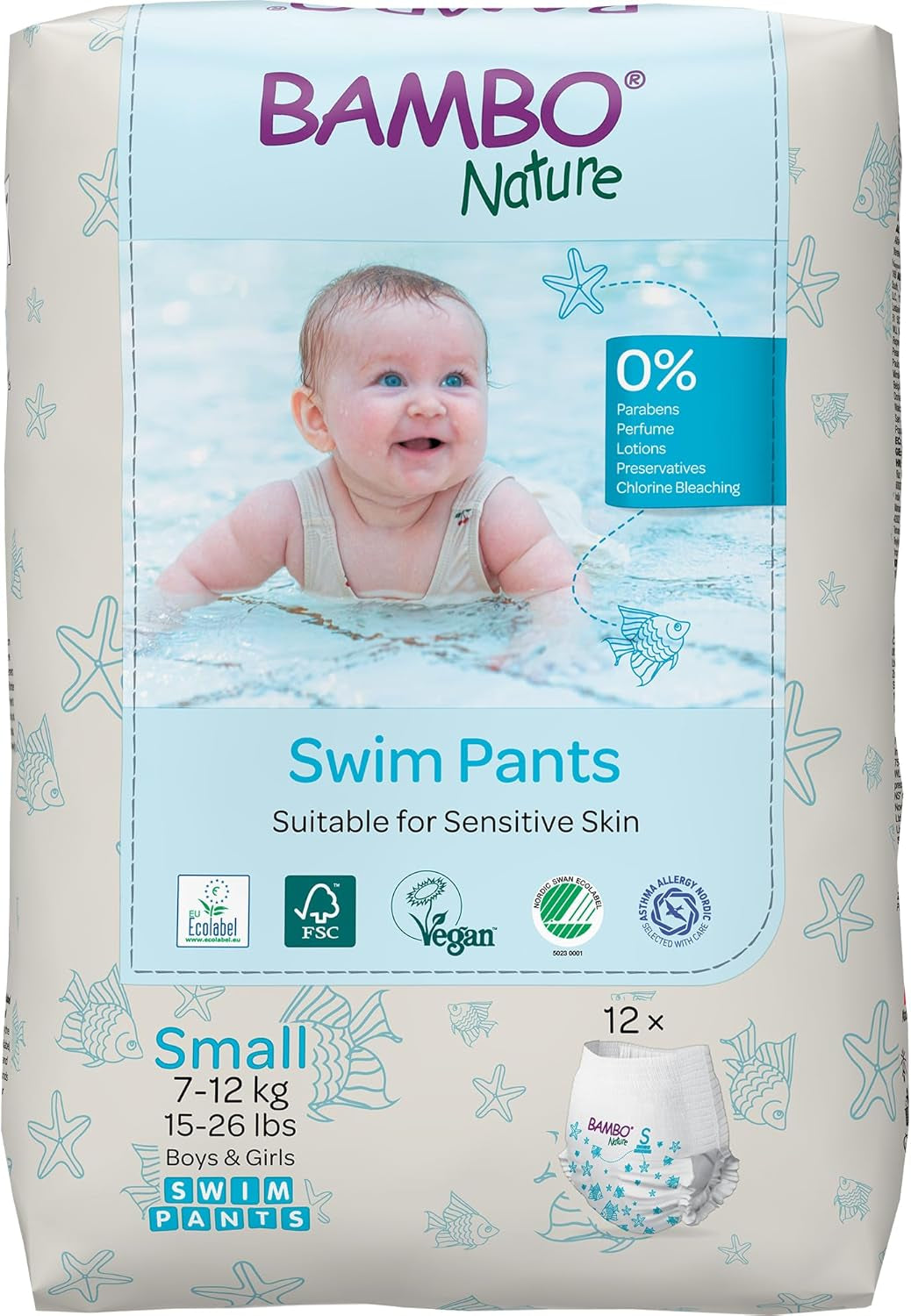 Pieluszki do pływania dla niemowląt Bambo Nature, rozmiar S (7-12kg), 12 pieluszek | Jednorazowe pieluchy do pływania Secure Fit | Wodoodporny komfort podczas zabaw w wodzie