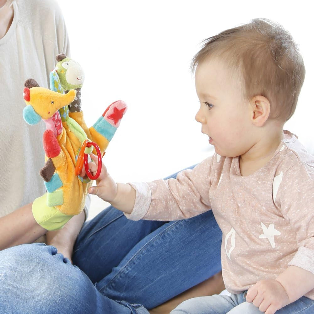 Fehn Play Glove safari - pacynki na palce małpy i słonia oraz skarpetki z dzwoneczkami z jednorożcem - skarpetki dziecięce z dzwonkiem i głową jednorożca - stymulują motorykę i zmysły Bebe Toys Naty Shop