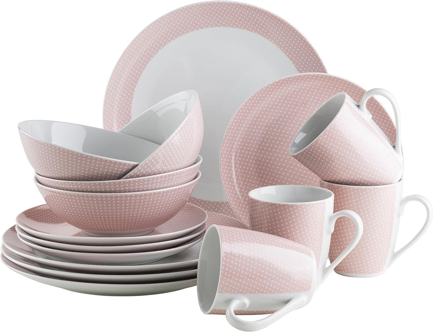 MĘSER Kitchen Time II, Zestaw zastawy stołowej dla 4 osób, Serwis łączony z 16 sztuk w pastelowych kolorach z subtelnym wzorem, Porcelana, Różowy
