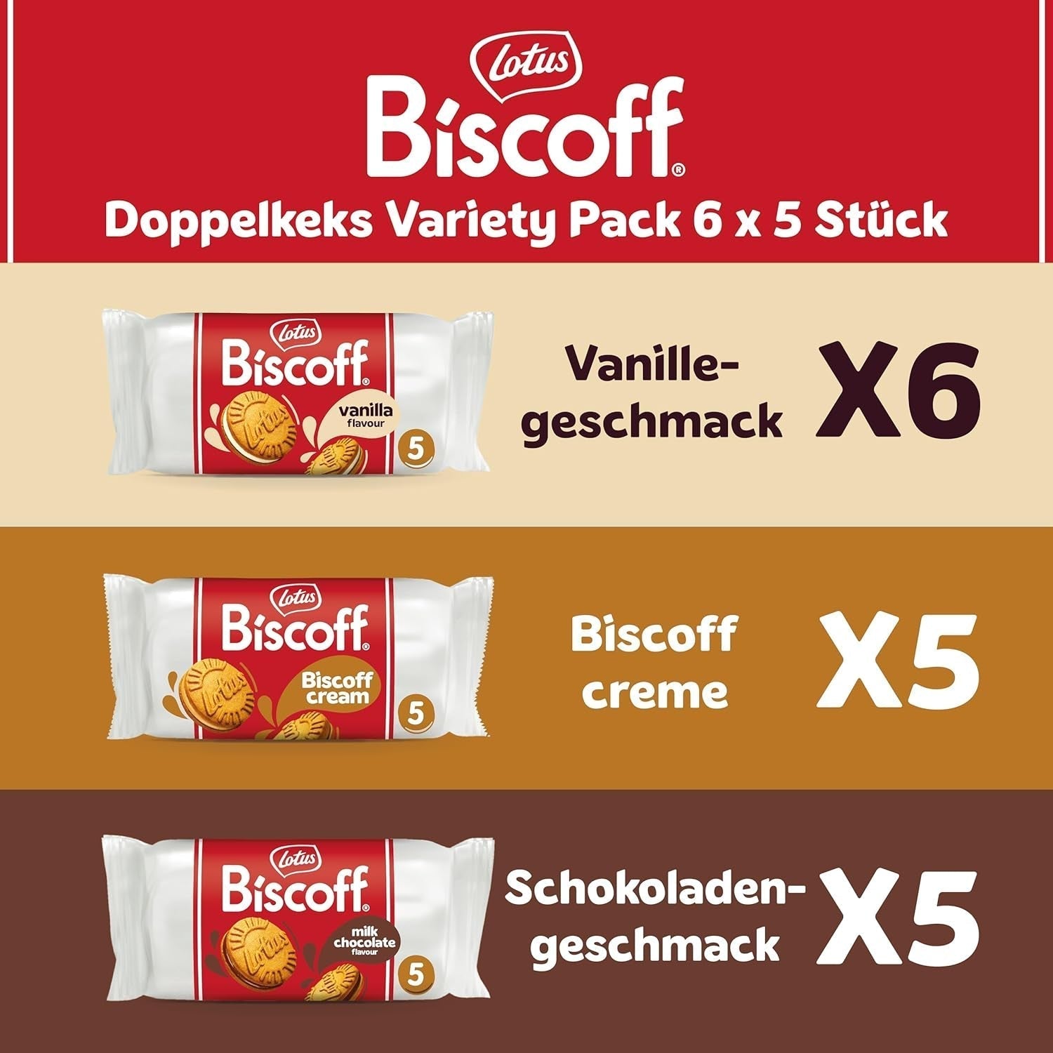 Lotos Biscoff | Pakiet odmian podwójnych ciastek | 3 odmiany: krem ​​biszkoptowy, aromat waniliowy i czekoladowy | 5 podwójnych ciastek w opakowaniu | Składniki pochodzenia naturalnego | Bez barwników | 16x50g | 800g