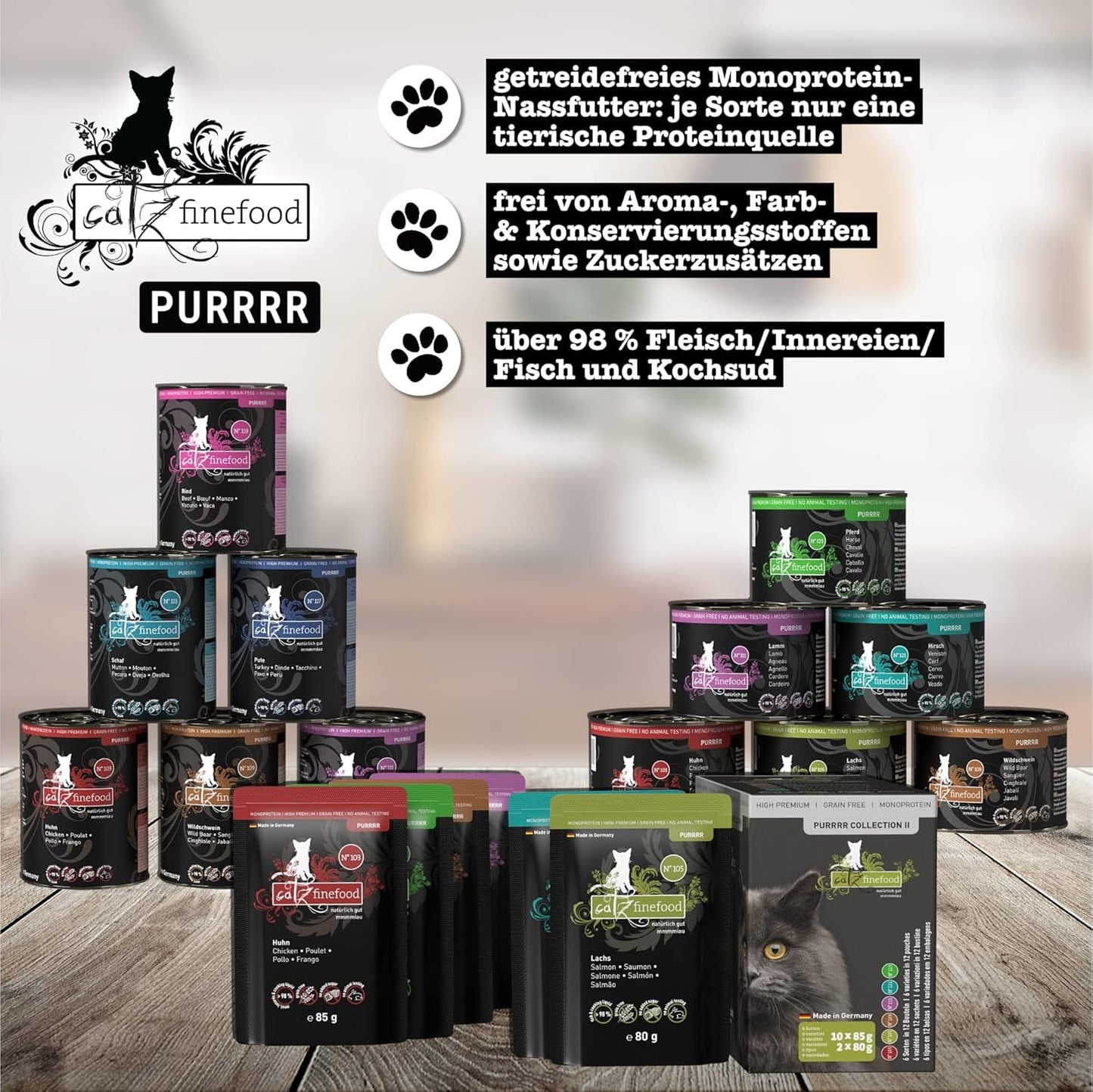 Catz Finefood Purrrr Collection I - Monoproteinowa mokra karma dla kotów - bez zbóż, bez cukru, hipoalergiczna - o wysokiej zawartości mięsa - Mokra karma dla kotów w opakowaniach zbiorczych - w saszetkach, 85g (12 opakowań)