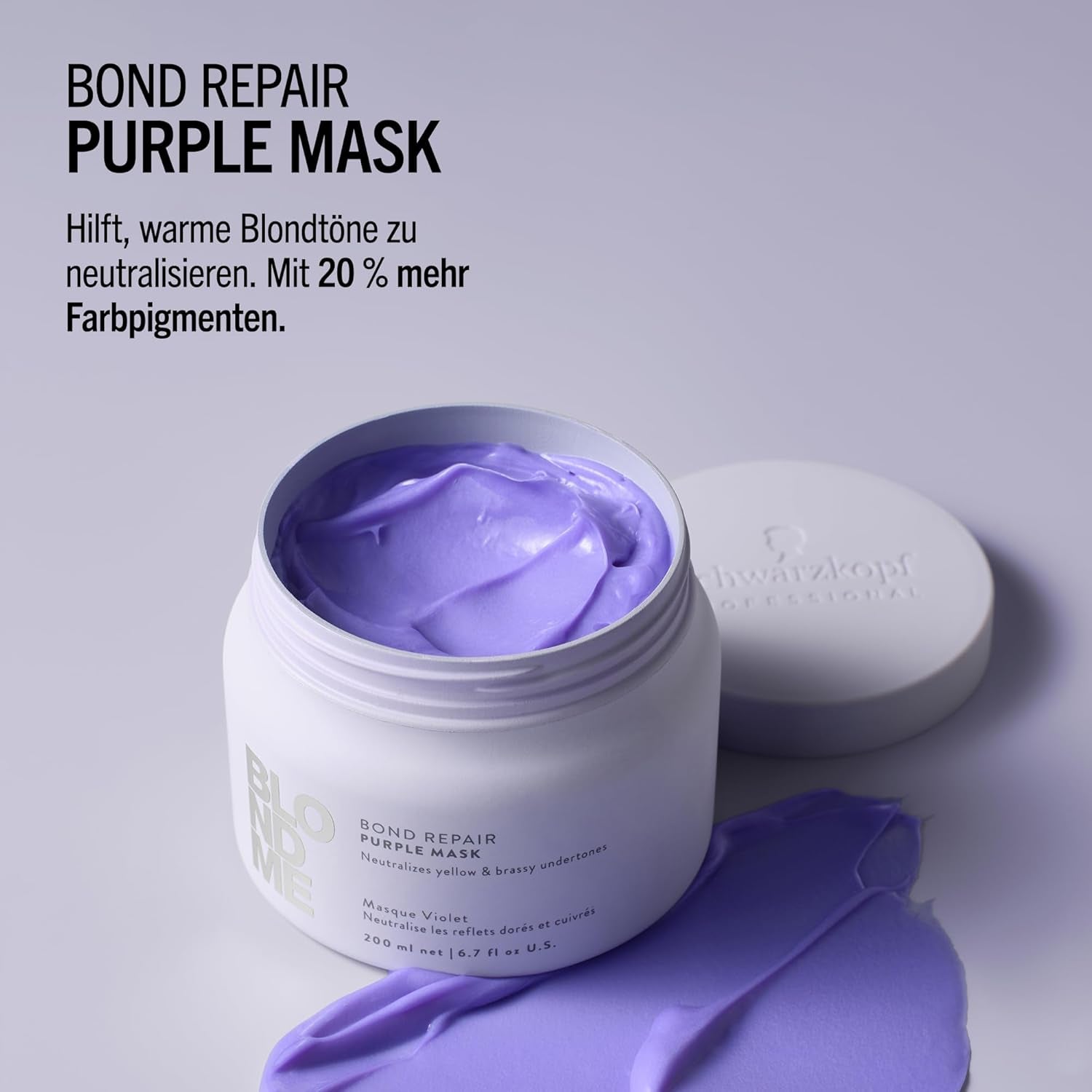 Schwarzkopf Professional BLONDME Bond Repair Purple Mask Maska do włosów chłodnych Neutralizuje żółte odcienie do włosów farbowanych, rozjaśnianych i jasnych Głęboko odżywiająca i wzmacniająca maska do włosów 200 ml Naty Shop