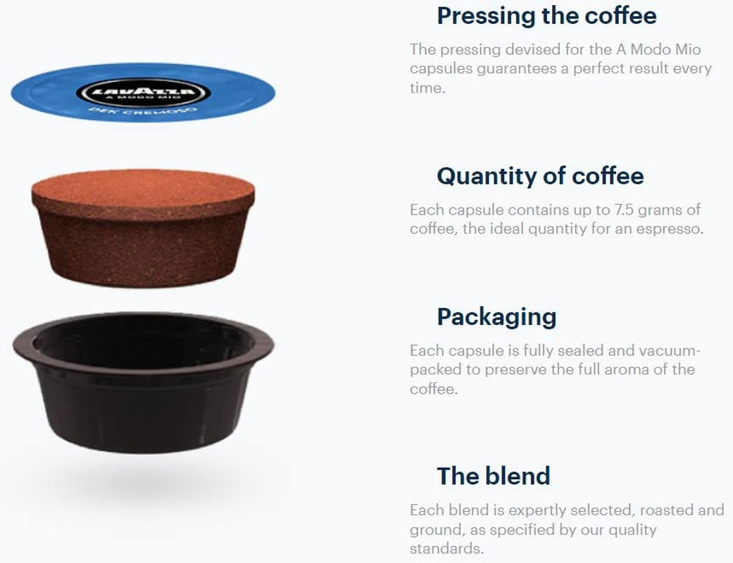 Lavazza A Modo Mio Dek Cremoso, 256 kapsułek kawy, do espresso bezkofeinowego z aromatycznymi nutami migdałów i canditis, 100% Arabica, intensywność 7/13, średnio palona, ​​16 opakowań