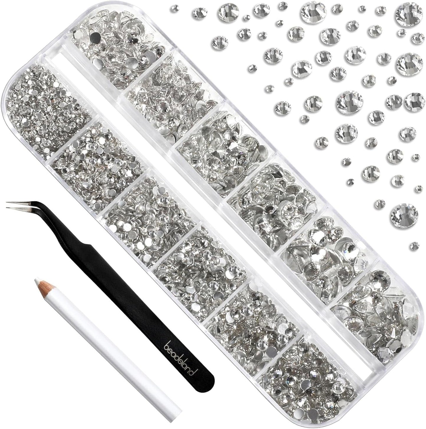 Beadsland 2500 szt. Glas Nailart Strasssteine ​​​​Kristall Flatback Edelsteine ​​​​Runde, ​​Für Handwerk Gemischt 8 Größen SS4 ~ SS30 Mit Picking Pinzette Und Stift (Kristall Weiss)
