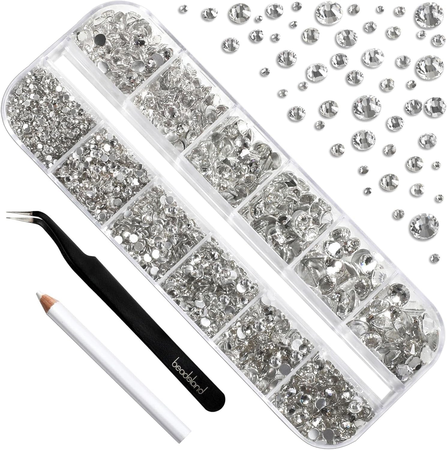 Beadsland 2500 szt. Glas Nailart Strasssteine ​​​​Kristall Flatback Edelsteine ​​​​Runde, ​​Für Handwerk Gemischt 8 Größen SS4 ~ SS30 Mit Picking Pinzette Und Stift (Kristall Weiss)