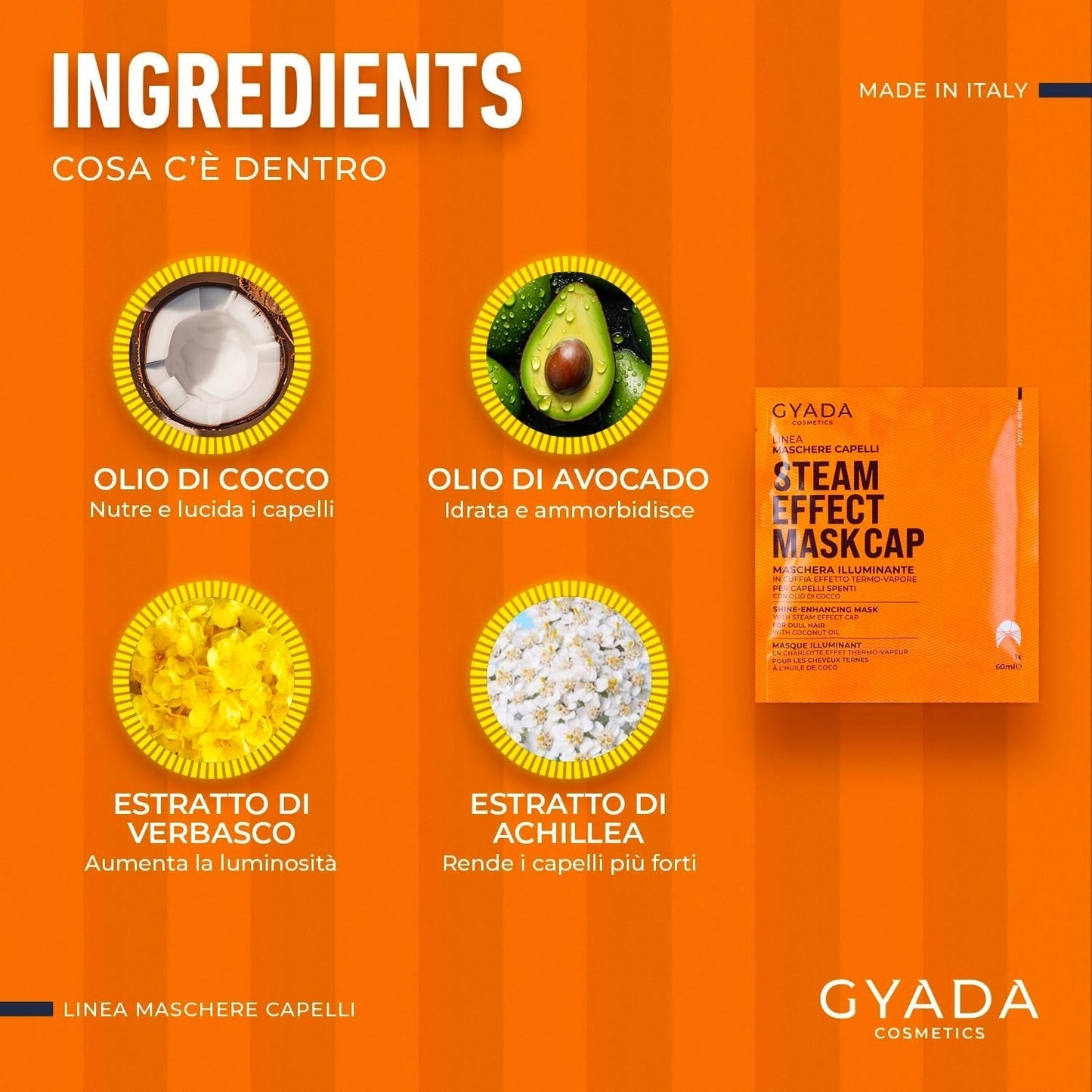 GYADA COSMETICS, maska do włosów z lekkiego i rewitalizującego materiału, nadaje połysk i miękkość, działanie odżywcze i naprawcze, z czepkiem termicznym, na bazie oleju kokosowego i awokado, maska do włosów Naty Shop 60 ml