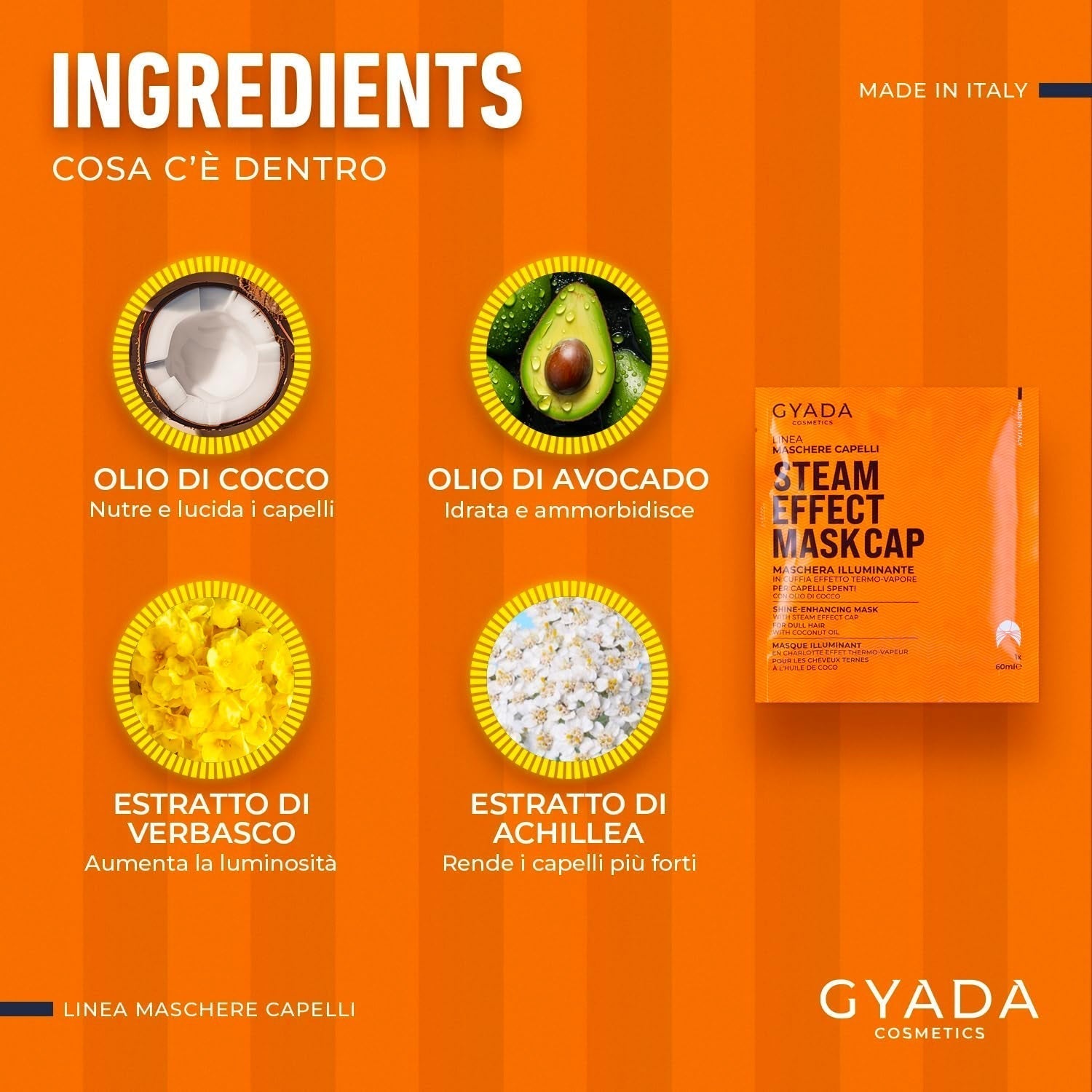 GYADA COSMETICS, maska do włosów z lekkiego i rewitalizującego materiału, nadaje połysk i miękkość, działanie odżywcze i naprawcze, z czepkiem termicznym, na bazie oleju kokosowego i awokado, maska do włosów Naty Shop 60 ml