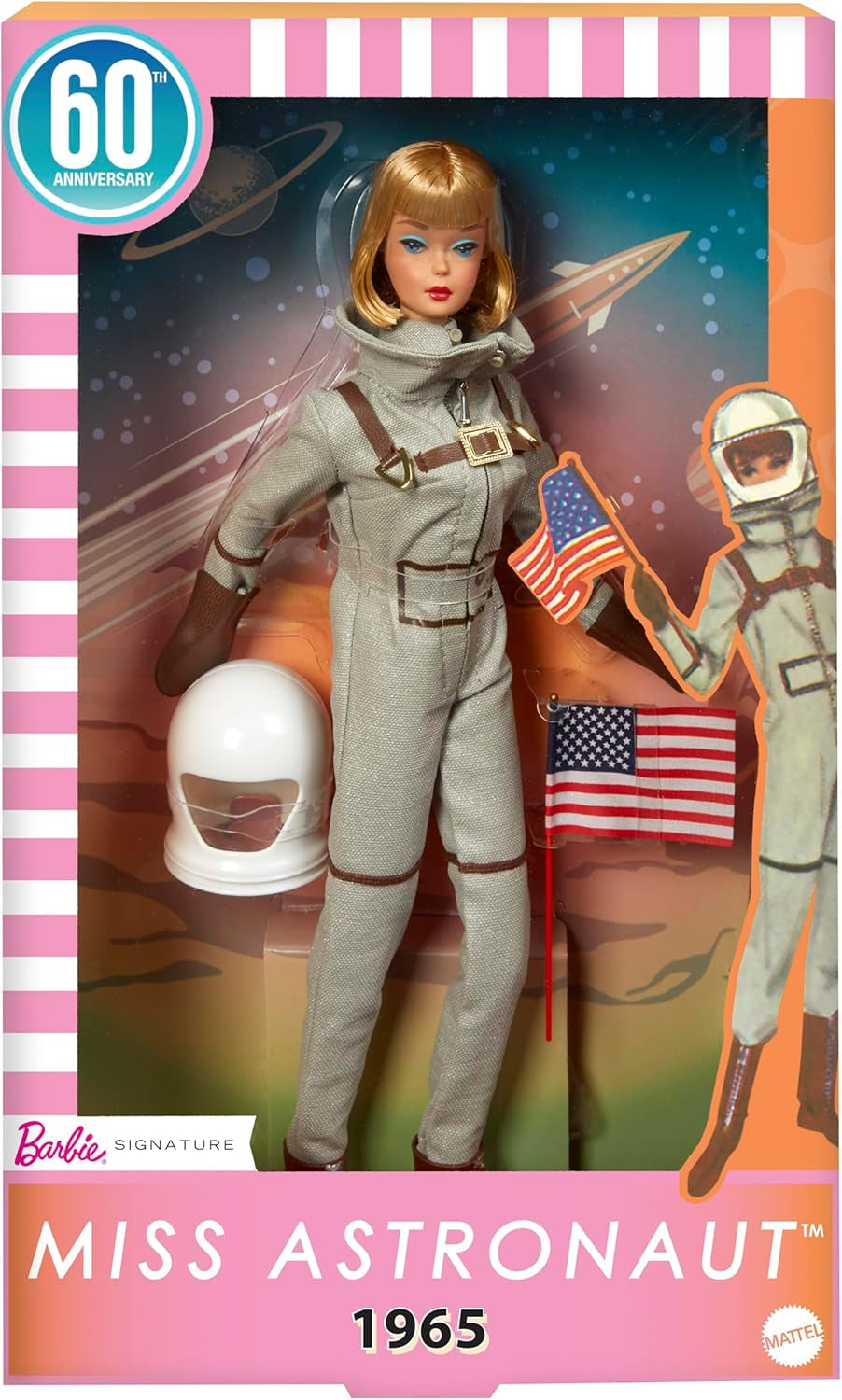 Kolekcjonerska lalka Mattel Barbie Miss Astronaut ze srebrnym garniturem, butami kosmicznymi i akcesoriami do hełmu, reprodukcja oryginału z 1965 r., domyślny tytuł lalek JBJ48 Naty Shop
