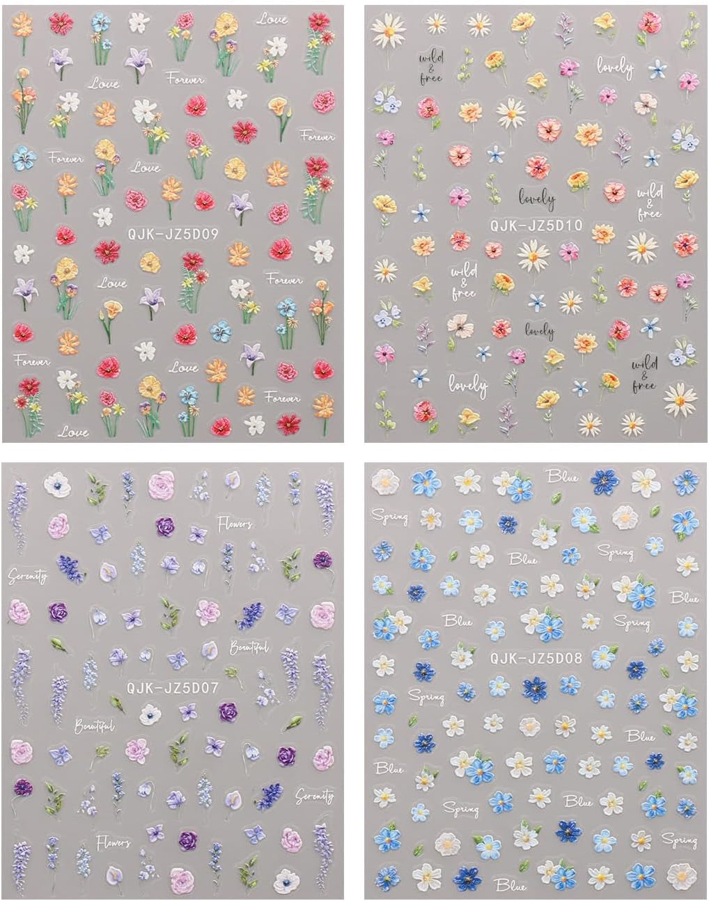 JMEOWIO 3D Nagelsticker Blumen Nail Art Naklejka Selbstklebend Nagelaufkleber 5D Stereoskopisch Frühling Sommer Blumen Dekoration Nageldesign Zubehör 4 Blatt