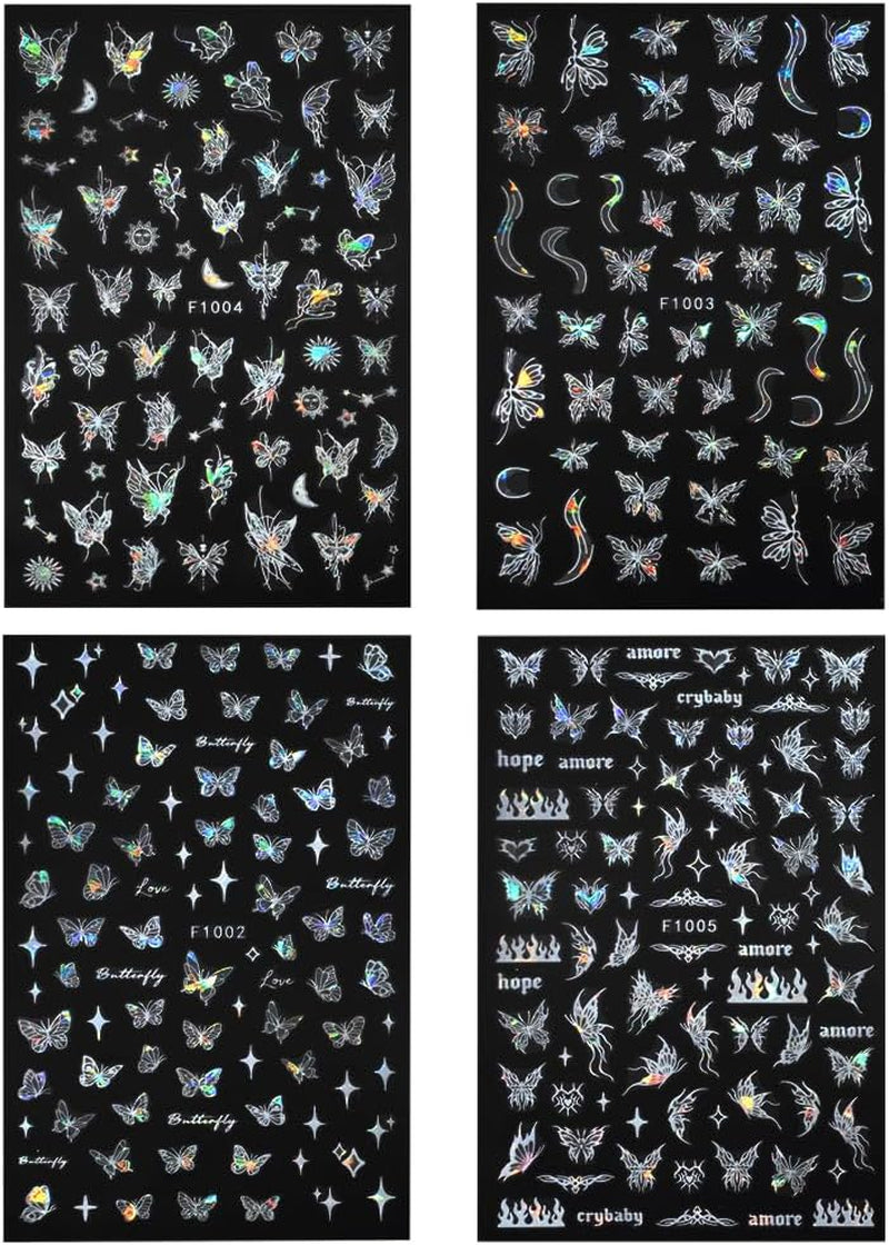 4 Blätter Holographisch Laser Weiß Schmetterling Nagelsticker,Y2K Aurora Schmetterlinge Stern Nail Naklejka 3D Flamme Herz Nageldesign Nagelsticker Selbstklebend Nagel Naklejka Nagel Zubehör Nail Art