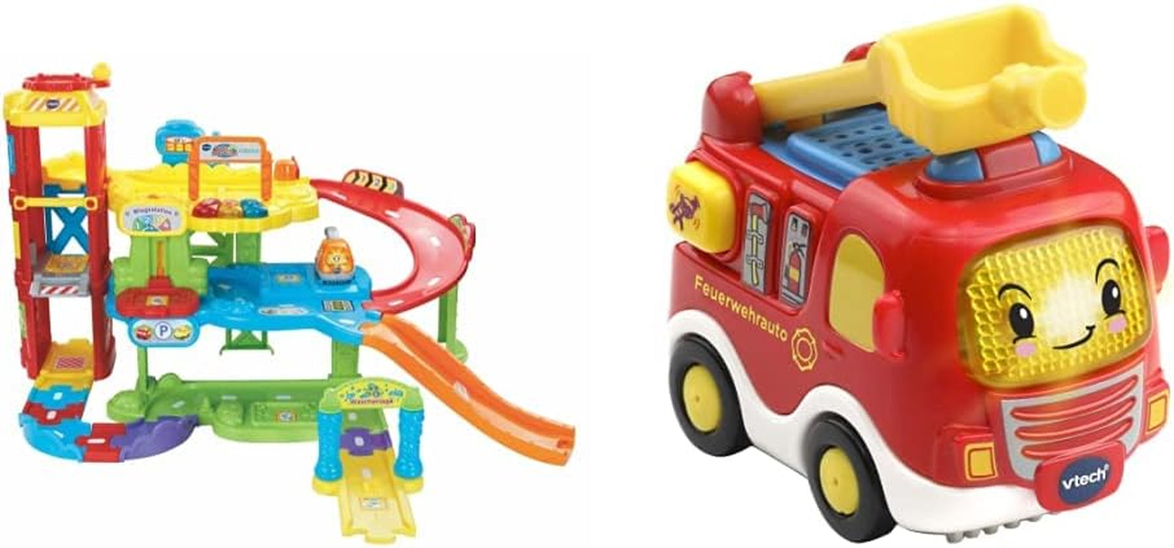 Vtech TUT TUT Baby Flitzer - Garaż, kolorowy, 66,6 x 75,3 x 45,1 cm & TUT TUT Baby Flitzer - Wóz strażacki - samochodzik z muzyką, przyciskiem świetlnym, ciekawymi zdaniami i dźwiękami Bebe Naty Shop Toys Domyślny tytuł