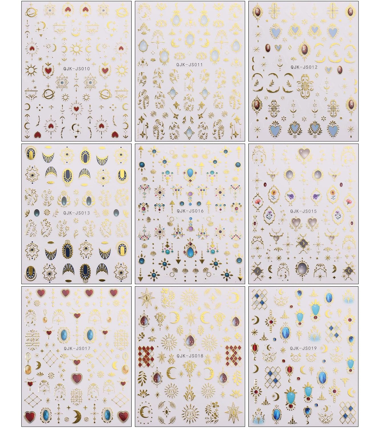 JMEOWIO Nagelsticker Herz Mond Stern 9 Blatt Nail Art Naklejka Selbstklebend Nagelaufkleber Bunt Dekoration Nageldesign Zubehör