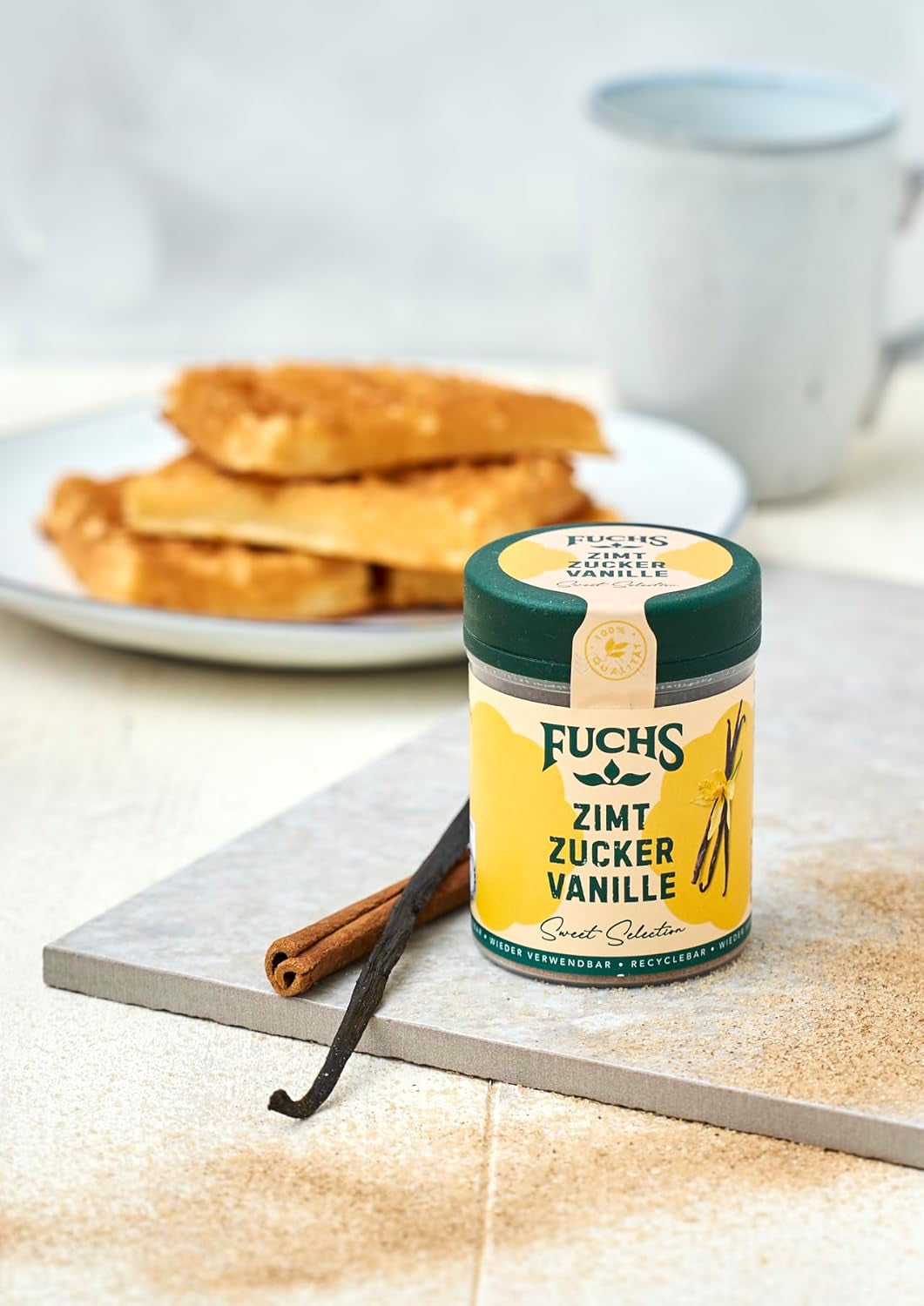 Fuchs Gewürze - Zimt Zucker Vanille - Gewürz zum Versüßen von Wafeln, Milchgetränken oder Joghurt - aus natürliche Składnik - 100 g w wiederverwendbarer, recyclebarer Dawka