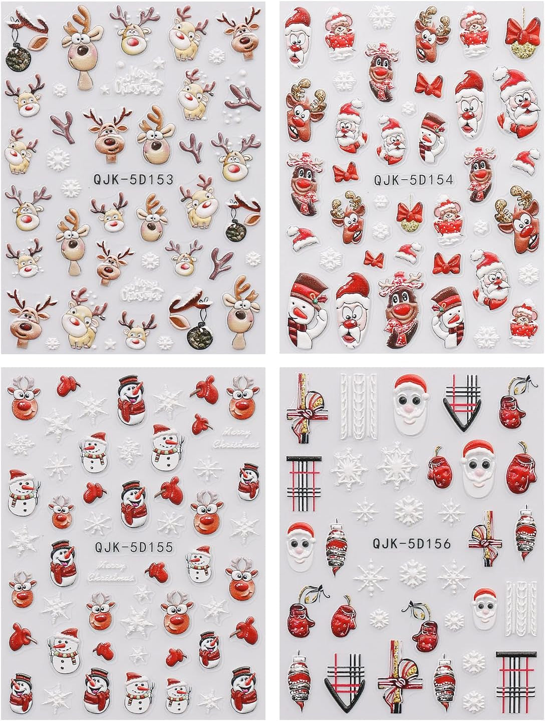 JMEOWIO 3D Nagelsticker Weihnachten Nail Art Naklejka Selbstklebend Nagelaufkleber 5D Stereoskopisch Schneeflocke Xmas Winterurlaub Niedlich Dekoration Nageldesign Zubehör 4 Blatt
