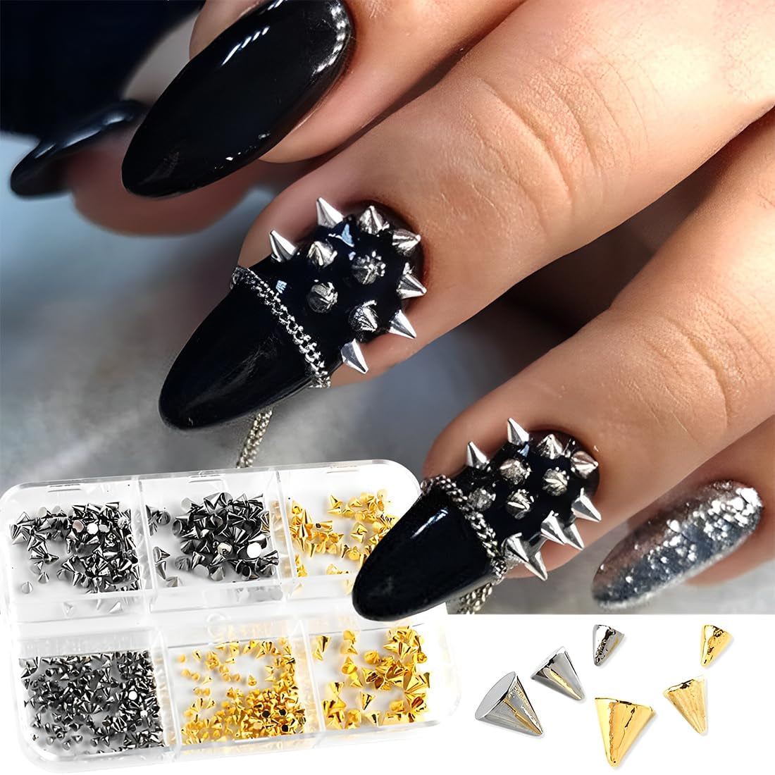 Mini Metall Nieten Punk Charms do paznokci Złoto Silber Strasssteine ​​​​Nägel Charm Kolce Kegla Nagelschmuck Glitzersteine ​​​​Szpilki do zdobienia paznokci Nagel Steine ​​Legierung Nagelanhänger Cyrkonie Nageldesign Zubehör
