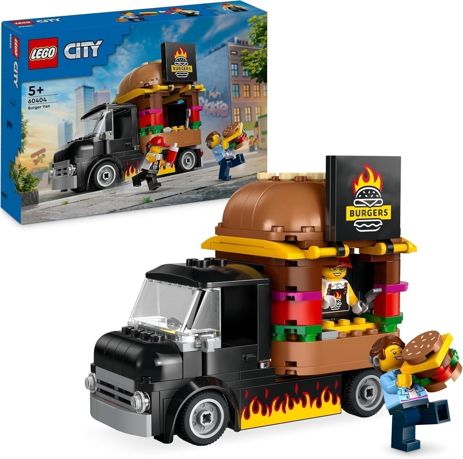 Zestaw LEGO City do budowania burgerowni z samochodzikiem dla 5-latków, minifigurką food trucka i akcesoriami, zabawnym prezentem dla chłopców i dziewcząt 60404 Zestawy do budowania Besuche den LEGO-Store Single