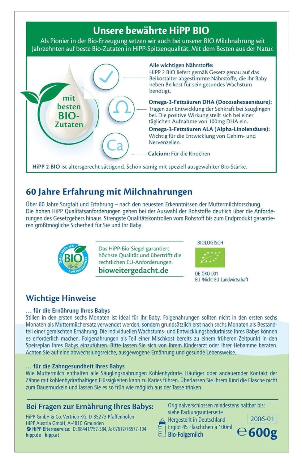 HiPP 2 Organiczne mleko następne (4 x 600g), po 6 miesiącu, z Omega-3 (DHA, ALA), wapniem i łatwą w przygotowaniu skrobią organiczną, najwyższej jakości organicznej