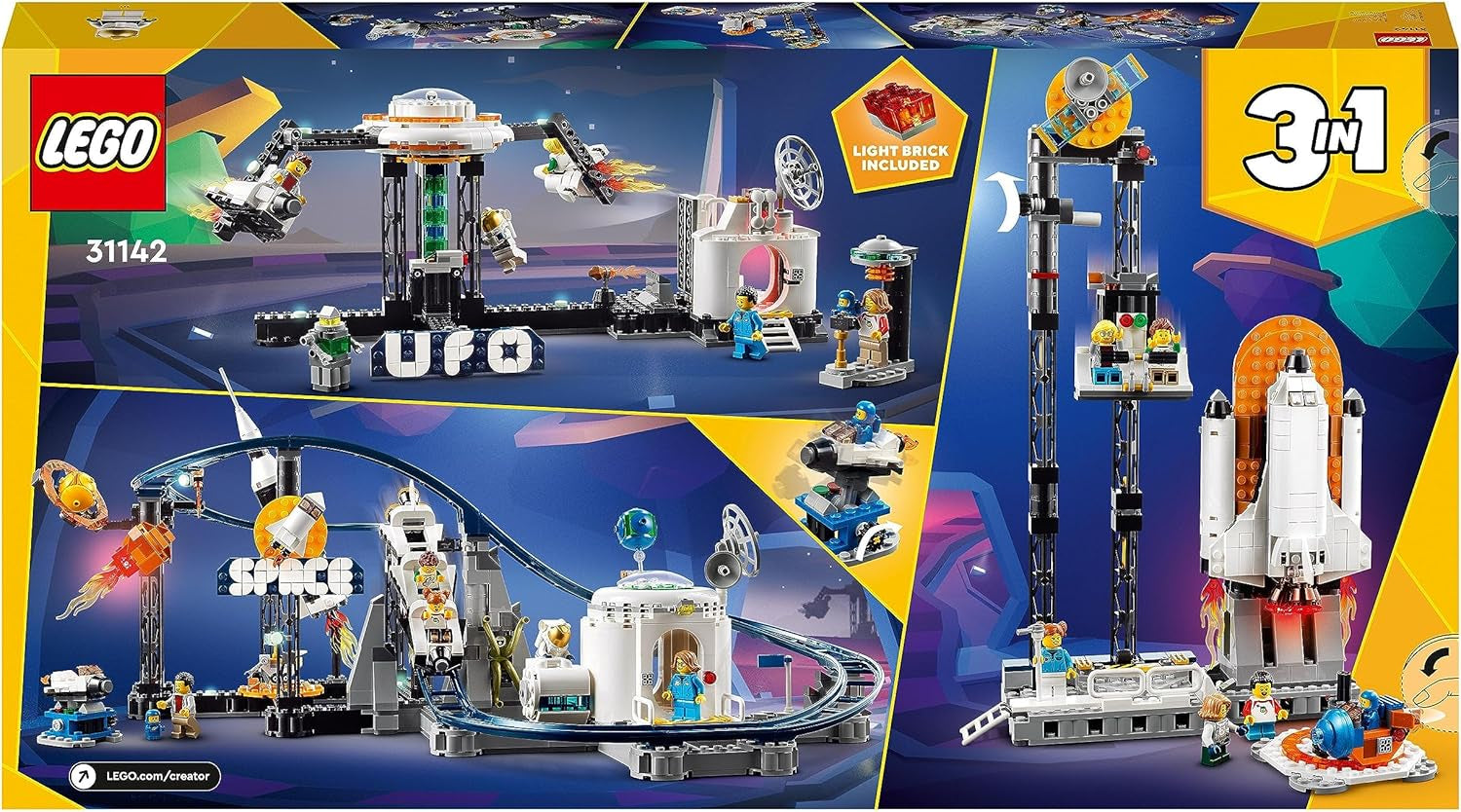 LEGO 31142 Creator Kosmiczny rollercoaster 3 w 1 dla dzieci z działającymi wózkami, który można przekształcić w wieżę swobodnego spadania lub karuzelę z rakietami i świecącymi klockami Zestawy konstrukcyjne Besuche den LEGO-Store