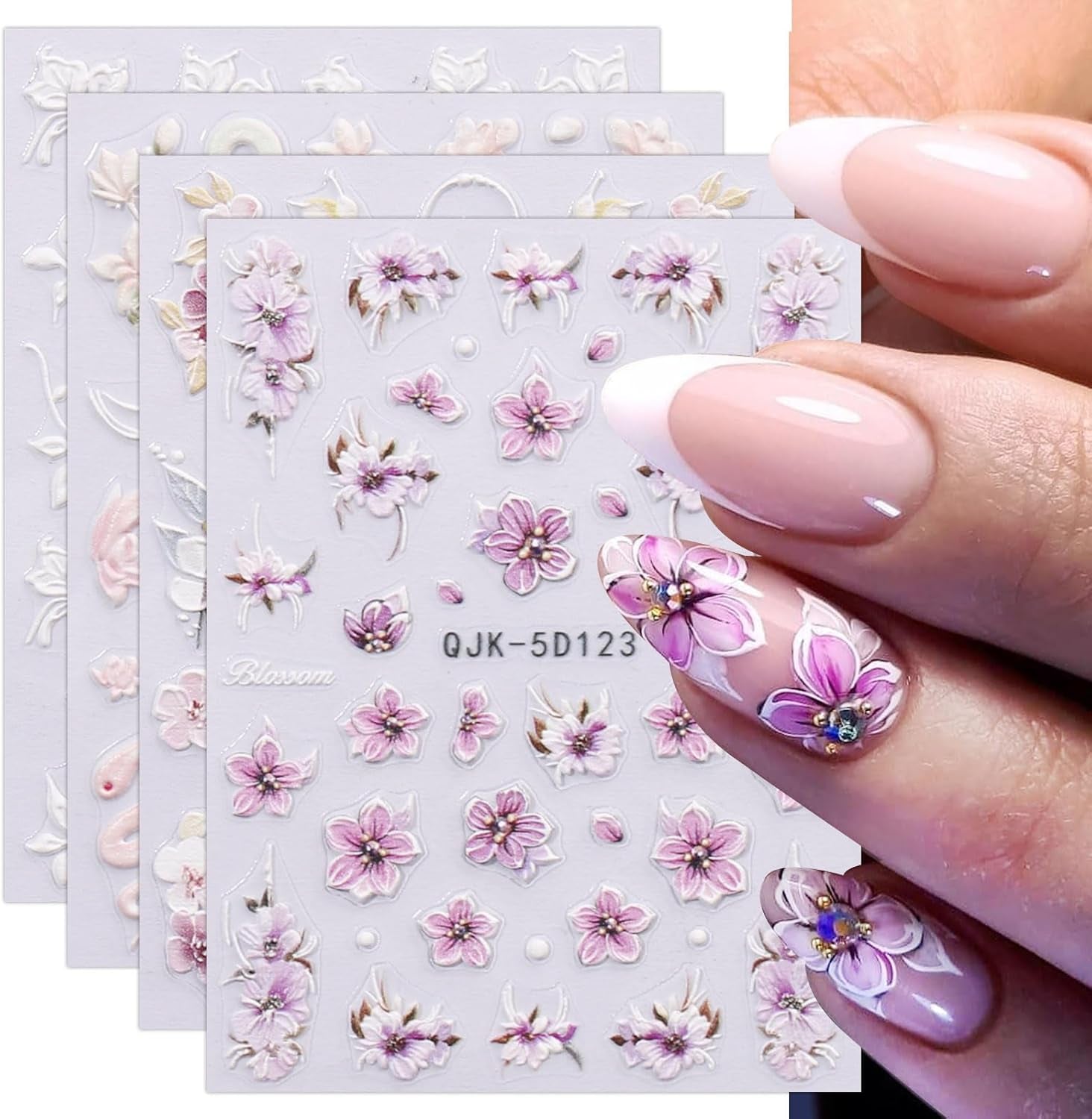 JMEOWIO 3D Nagelsticker Blumen Nail Art Naklejka Selbstklebend Nagelaufkleber 5D Stereoskopisch Frühling Sommer Dekoration Nageldesign Zubehör 4 Blatt