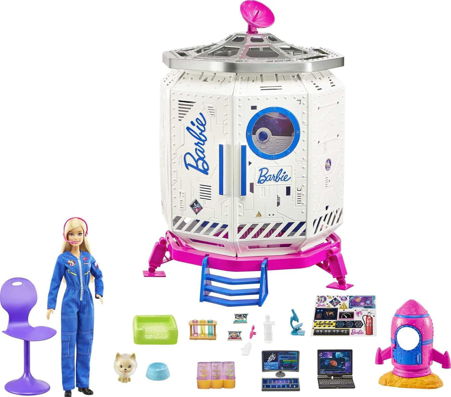 Barbie GXF27 - kosmiczna przygoda na stacji kosmicznej, kosmiczna lalka, szczeniak, stacja robocza, sceny kosmiczne, 20 akcesoriów, zabawka prezentowa dla dzieci w wieku od 3 lat