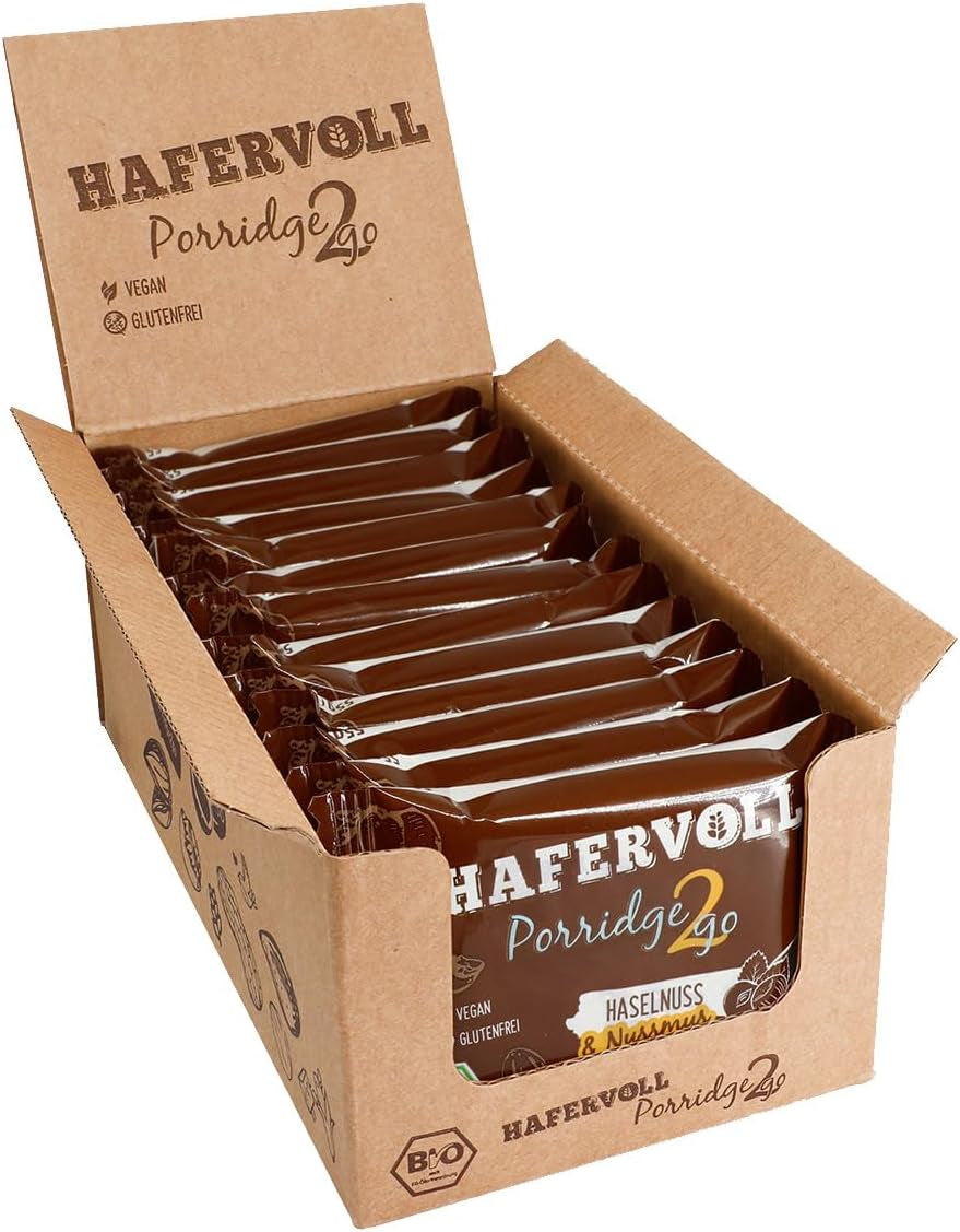 Hafervoll Porridge2go Masło orzechowe i orzechy, 13 batonów x 55 g - wegańska, organiczna, bezglutenowa, bez dodatku cukru przekąska, z owsem, daktylami i cukierkami Quinoa