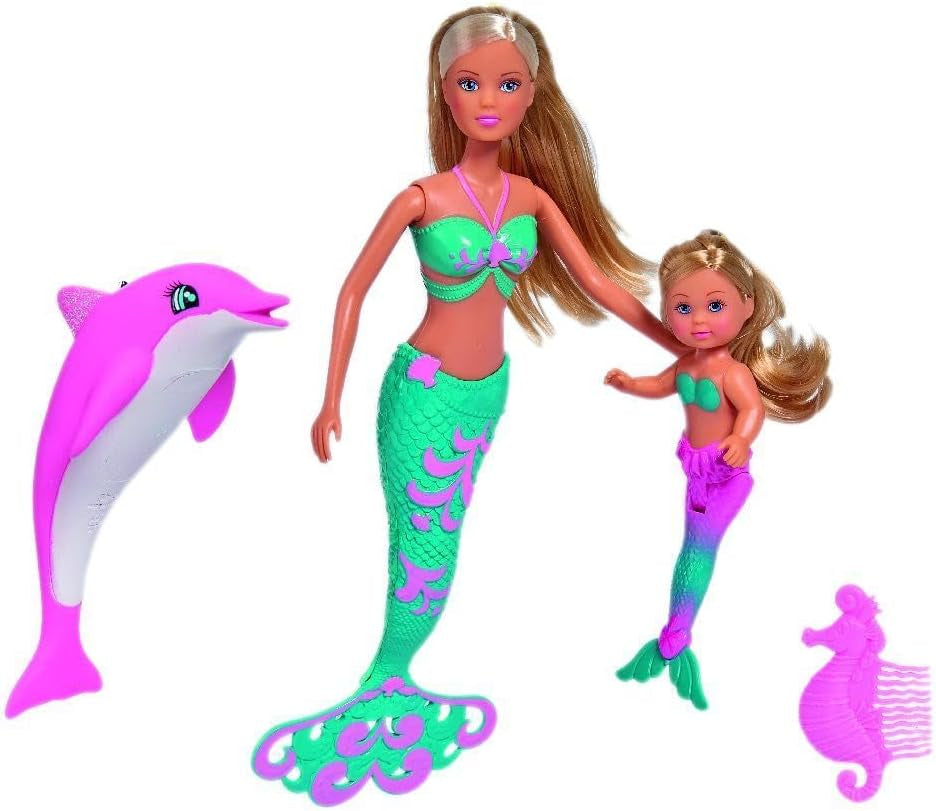 Simba 105733336 - Steffi Love Mermaid Friends, magiczna lalka syrenka z siostrą Evi, figurka delfina i nie tylko, zabawka dla dzieci w wieku 3 lat i starszych