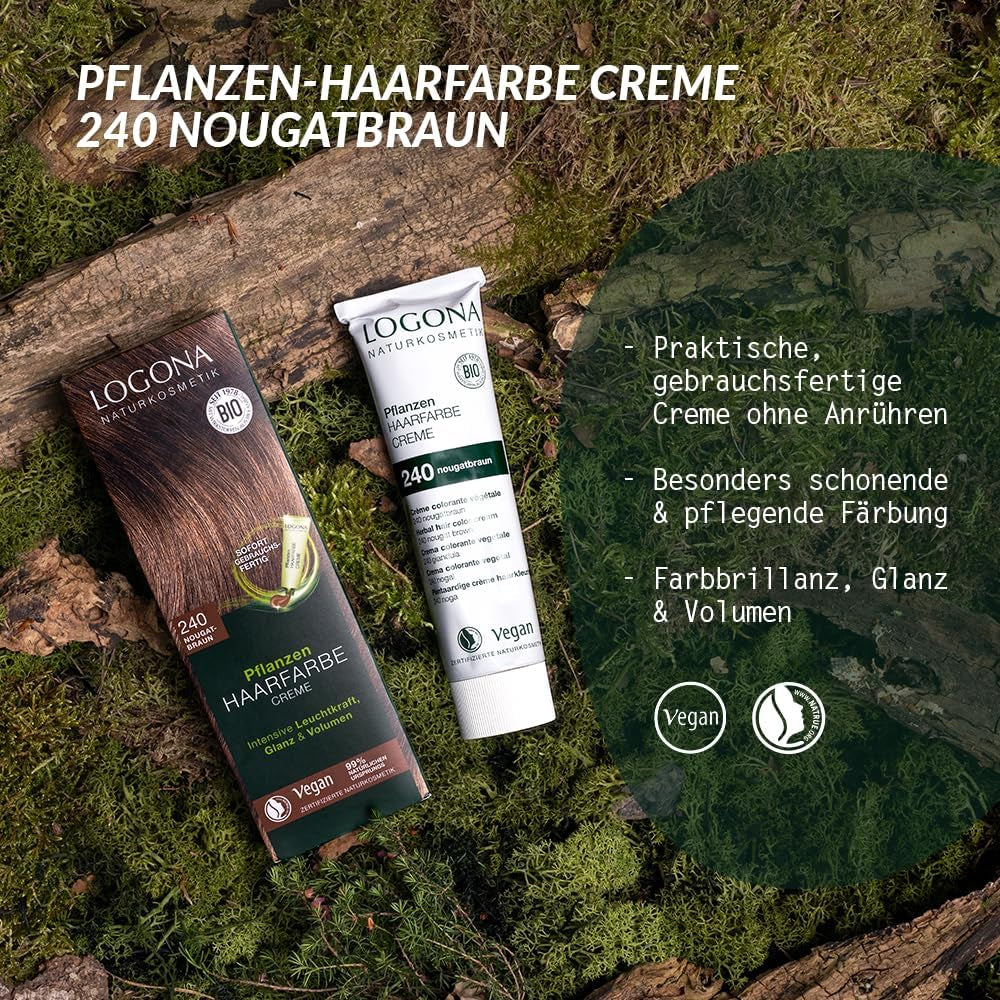 LOGONA Natural Cosmetics Roślinny krem koloryzujący do włosów 240 Nugat Brown, Naturalna farba do włosów brązowych z henną, krem koloryzujący do odcieni brązu, koloryzująca do włosów ciemnych, 150ml Farba do włosów Naty Shop