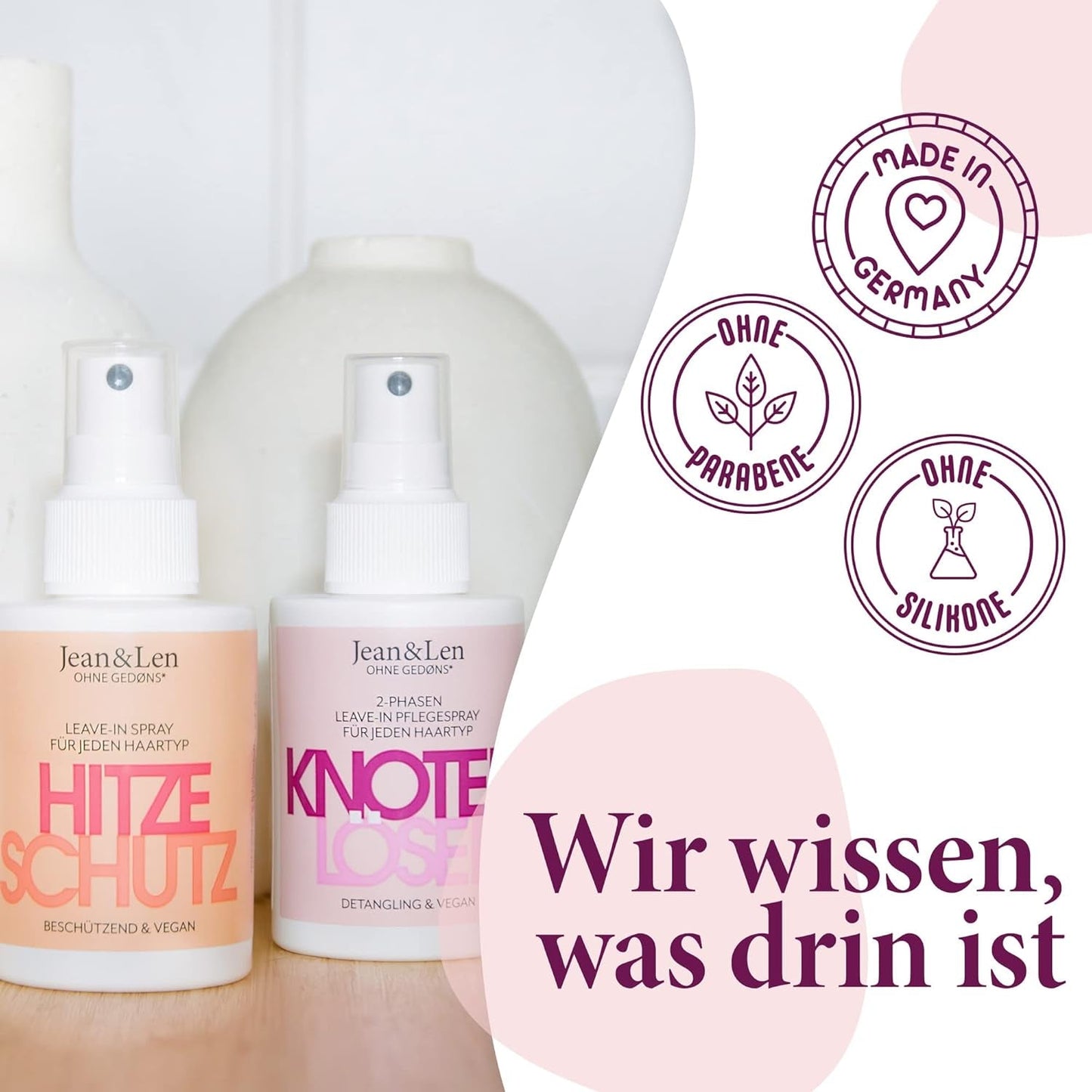 Jean & Len Knot Remover 2-fazowy spray kondycjonujący bez spłukiwania, odpowiedni do wszystkich rodzajów włosów, ułatwia rozczesywanie włosów i poprawia ich rozczesywanie, świeży zapach, ułatwia rozczesywanie, nie zawiera silikonu i parabenów, wegański, 100ml Produkty ułatwiające rozczesywanie Naty Shop