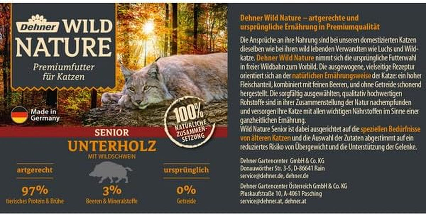 Dehner Wild Nature Katzenfutter Unterholz, Nassfutter getreidefrei / zuckerfrei, für ältere Katzen, Wildschwein, 6 x 400 g Dawka, (2,4 kg)