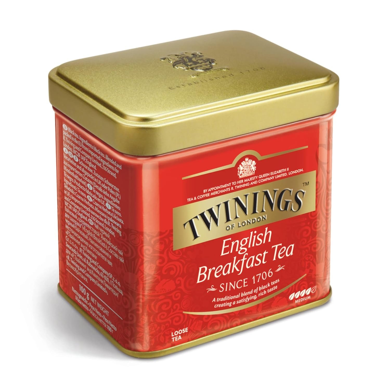 Twinings English Breakfast Tea Herbata czarna sypka w pudełku na herbatę Mocna czarna herbata z wysokiej jakości liści herbaty zbieranych z najlepszych plantacji herbaty na Sri Lance i w Indiach G, neutralna, 100 gramów