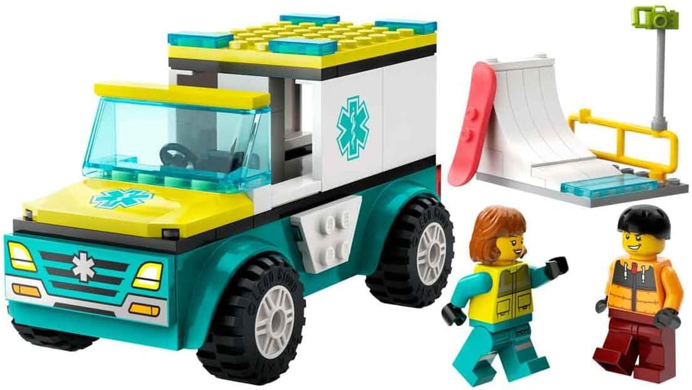 LEGO City Karetka i snowboardzista, zestaw karetki pogotowia z samochodzikiem i 2 minifigurkami, figurka snowboardzisty i ratownika medycznego, pomysłowy prezent dla chłopców i dziewcząt od 4 lat 60403 Zestawy do budowania Besuche den LEGO-Store
