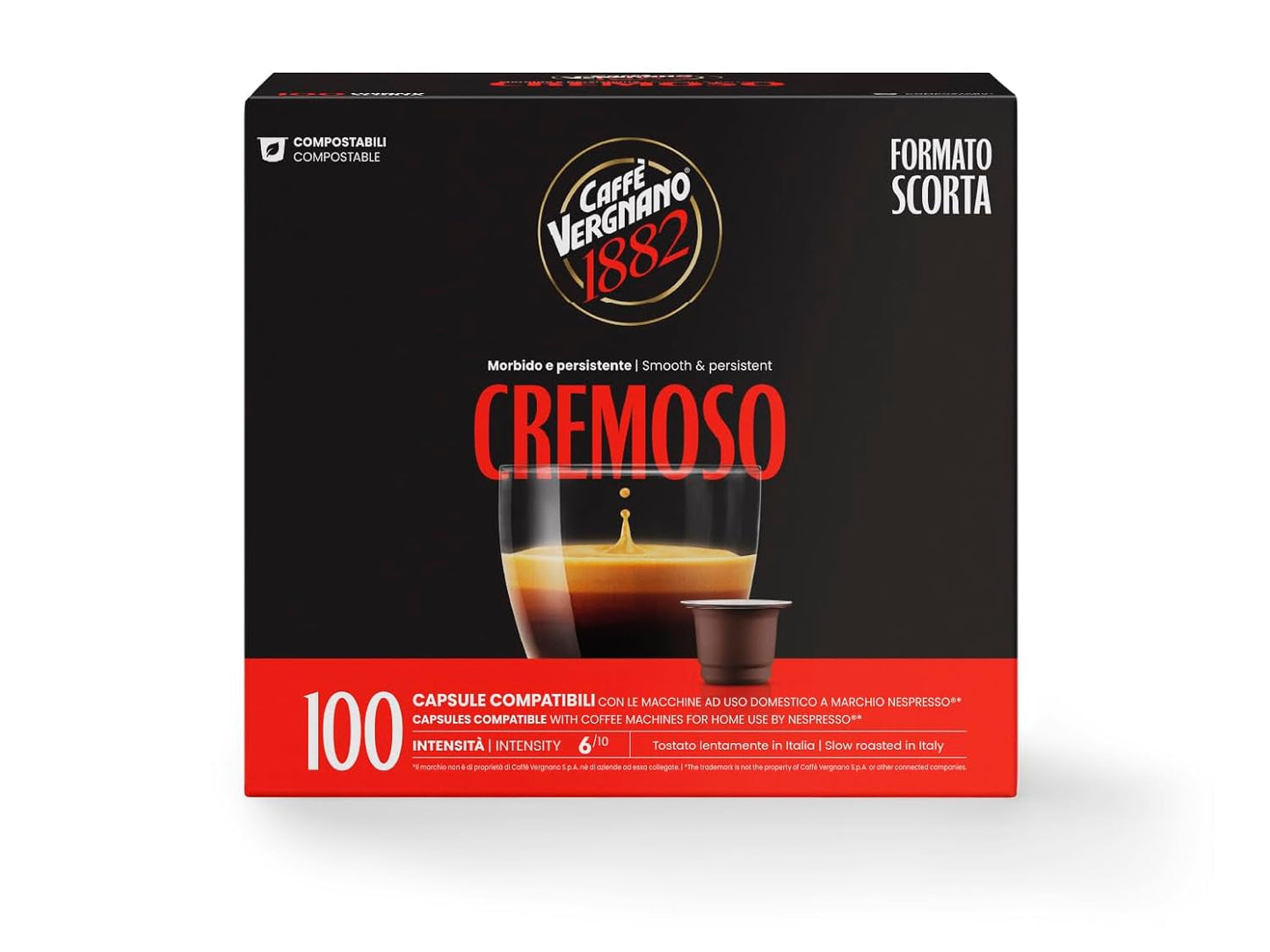 Caffè Vergnano 1882 - Kaffeekapseln kompostowalna Èspresso, kompatybilna z Nespresso, Cremoso (kremowa) - Packung Enthält 100 Kapseln