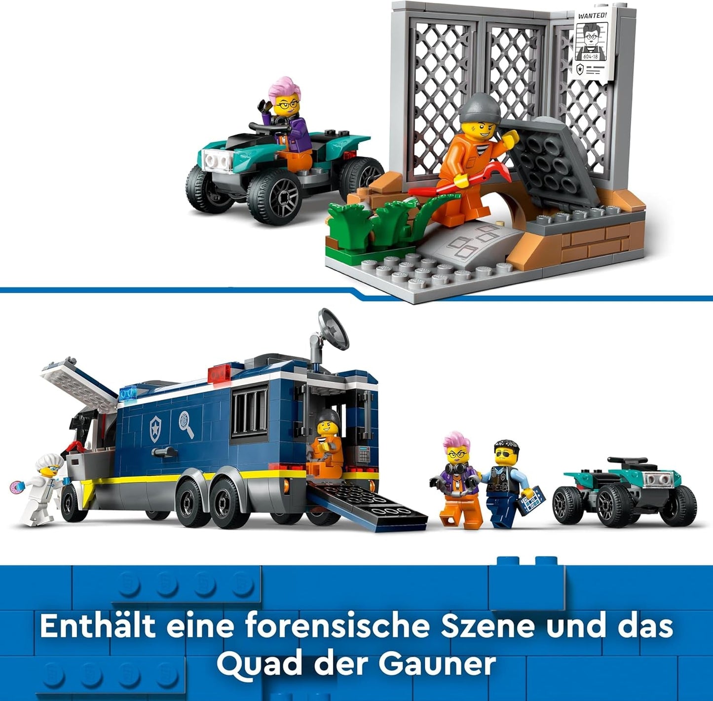 LEGO City Ciężarówka policyjna z laboratorium, quad policyjny i zabawkowa ciężarówka dla dzieci, prezent dla chłopców i dziewcząt od 7 lat oraz 5 minifigurek — 2 policjantów, 1 naukowiec i 2 oszustów 60418 Zestawy do budowania Szukaj w sklepie LEGO