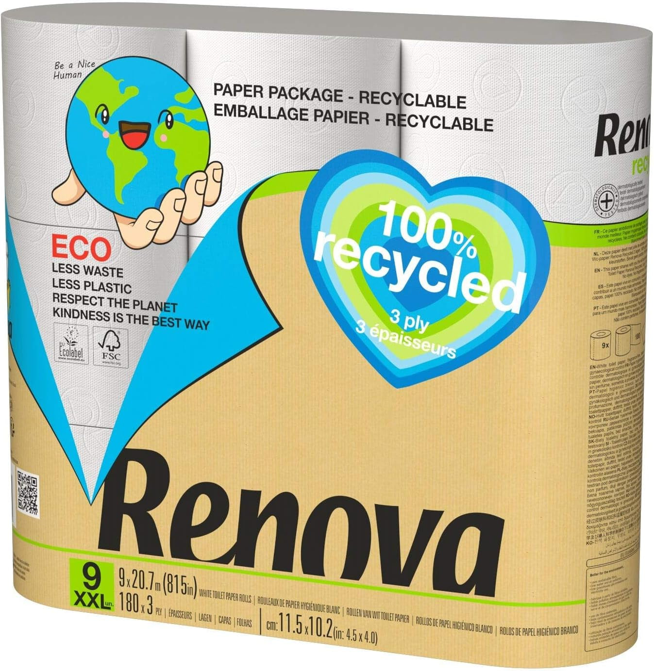 Papier toaletowy Renova 100% Z RECYKLINGU 9 rolek, biały, normalny