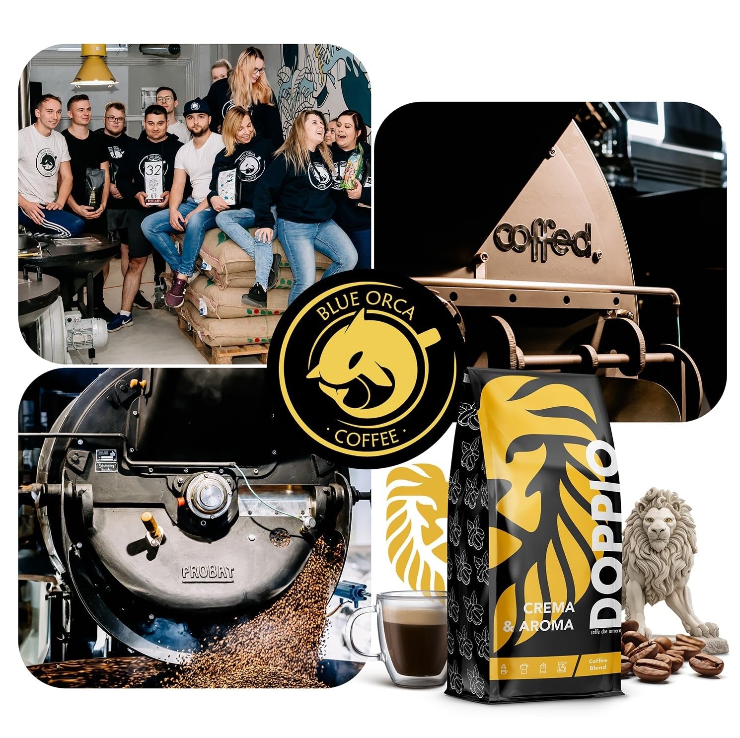 Doppio Krem i Smak 1KG | Kawa ziarnista 80% Arabica i 20% Robusta | z nutami kakao, orzechów i karmelu | Świeże i średnio palone, o niskiej kwasowości | do espresso | Kawa Blue Orca