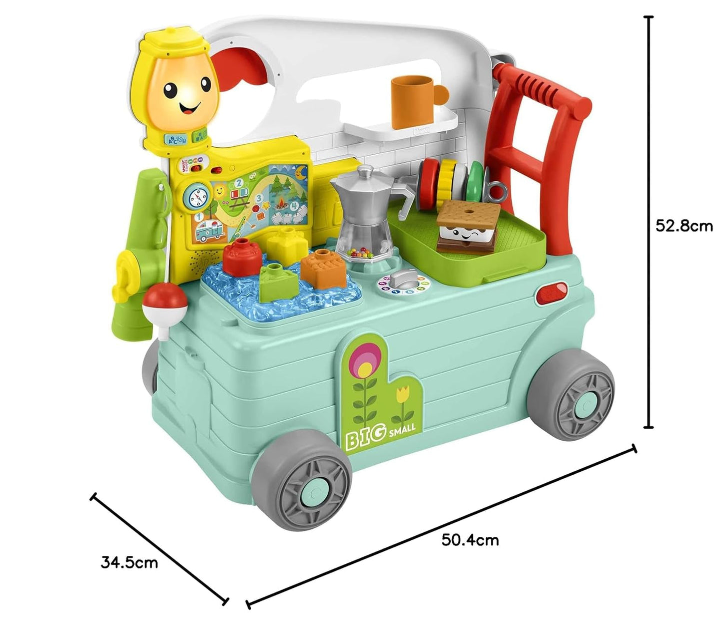 Fisher-Price - Śmiej się i ucz się Camper 3 w 1 Zabawka pchająca dla dzieci i centrum aktywności muzycznej Zabawka dla dzieci 9-36 miesięcy HCK51 Zabawki dla niemowląt Naty Shop
