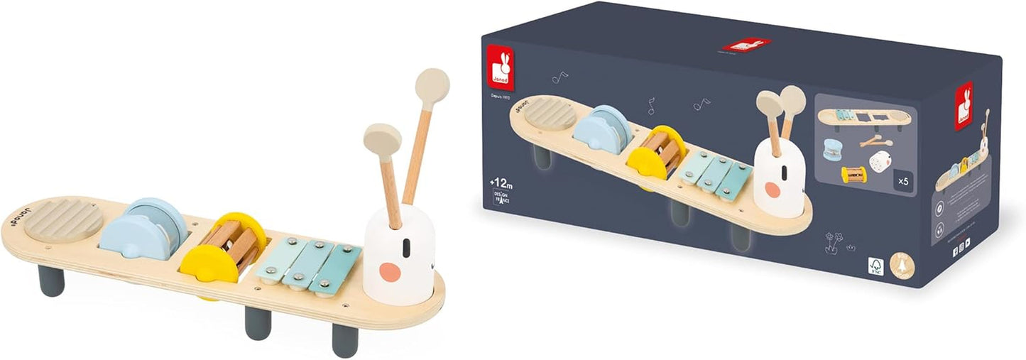 Janod - Utwory muzyczne Sweet Cocoon - 5 muzycznych zajęć dla dzieci - Wczesna edukacja muzyczna - Drewniana zabawka FSC - Od 12 miesiąca, J04058 Baby Toys Naty Shop