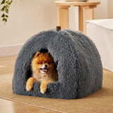 ŁÓŻECZKO Katzenbett große Katzen Katzenhöhle- 44x44x44 cm Plüsch Katzenhaus Indoor mit abnehmbarem Katzenkissen und hängendem Spielzeug, Katzen Bettchen waschbar, dunkelgrau