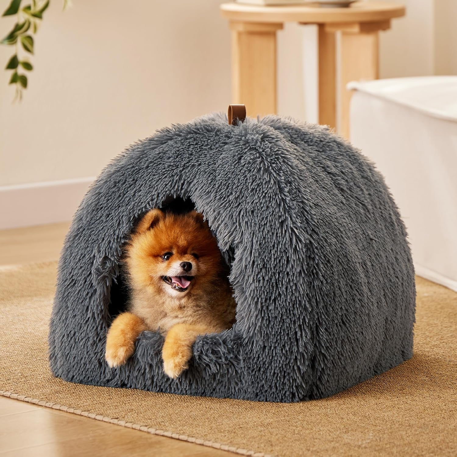 ŁÓŻECZKO Katzenbett große Katzen Katzenhöhle- 44x44x44 cm Plüsch Katzenhaus Indoor mit abnehmbarem Katzenkissen und hängendem Spielzeug, Katzen Bettchen waschbar, dunkelgrau