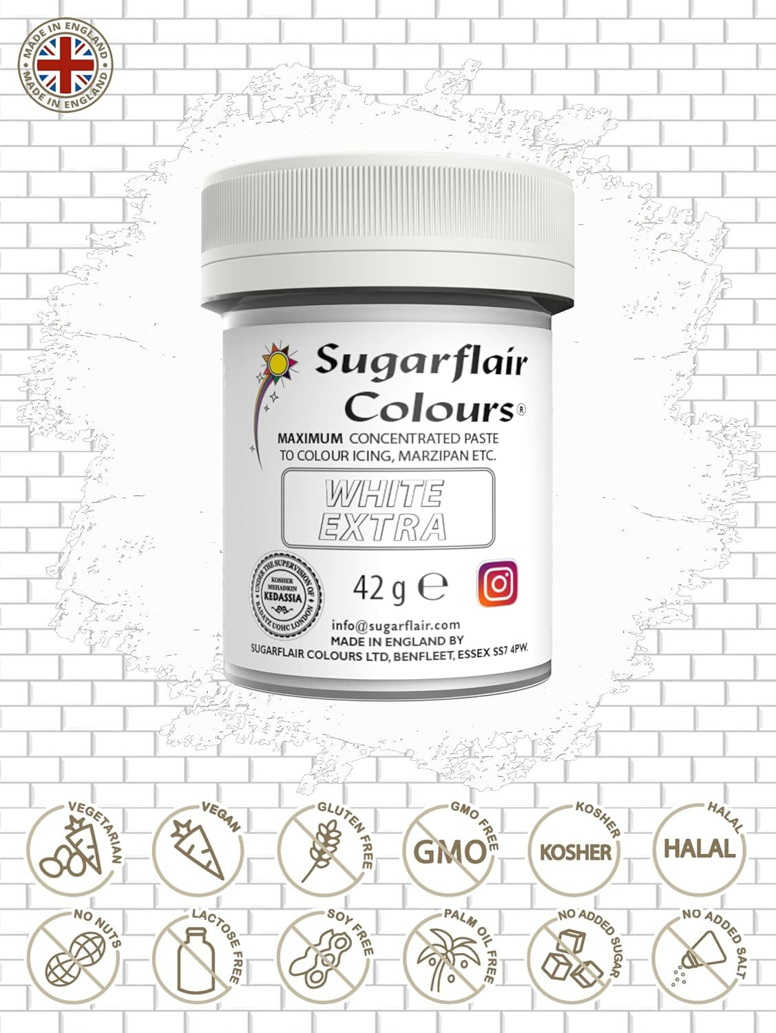 Barwnik spożywczy Sugarflair Max Concentrated White Extra, silnie skoncentrowany barwnik spożywczy do marcepanu i fondantu, barwnik w paście Max Concentrate - 42 g
