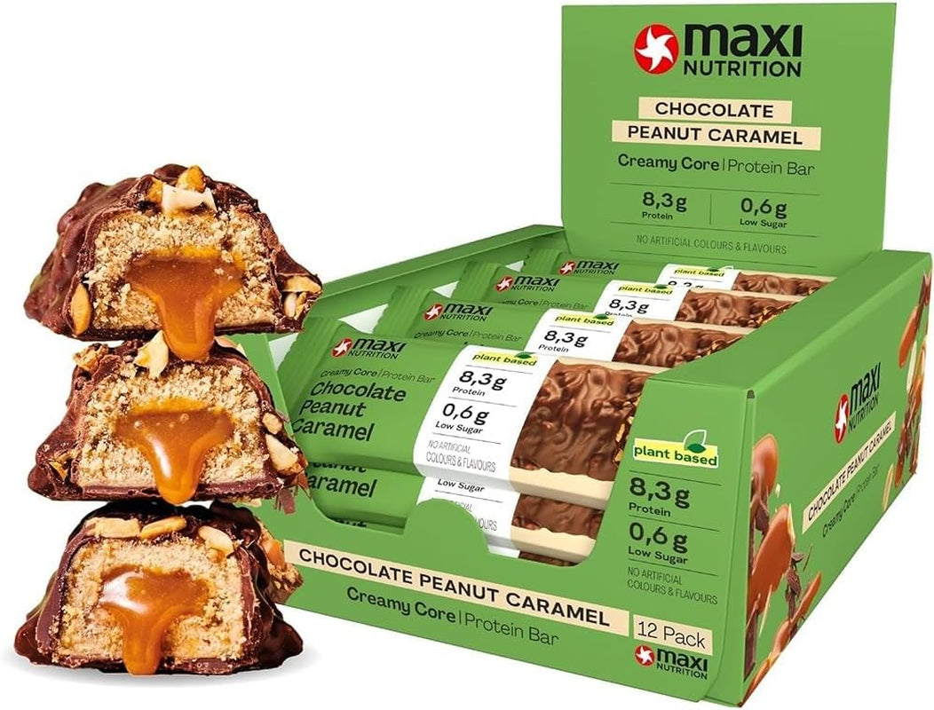 MaxiNutrition Kremowy wegański baton proteinowy z czekoladą, orzeszkami ziemnymi i karmelem 12x45g - wegański baton proteinowy, 18% białka, 8,3g w batonie, niska zawartość cukru (0,9g), bez dodatku cukru, bez sztucznych aromatów