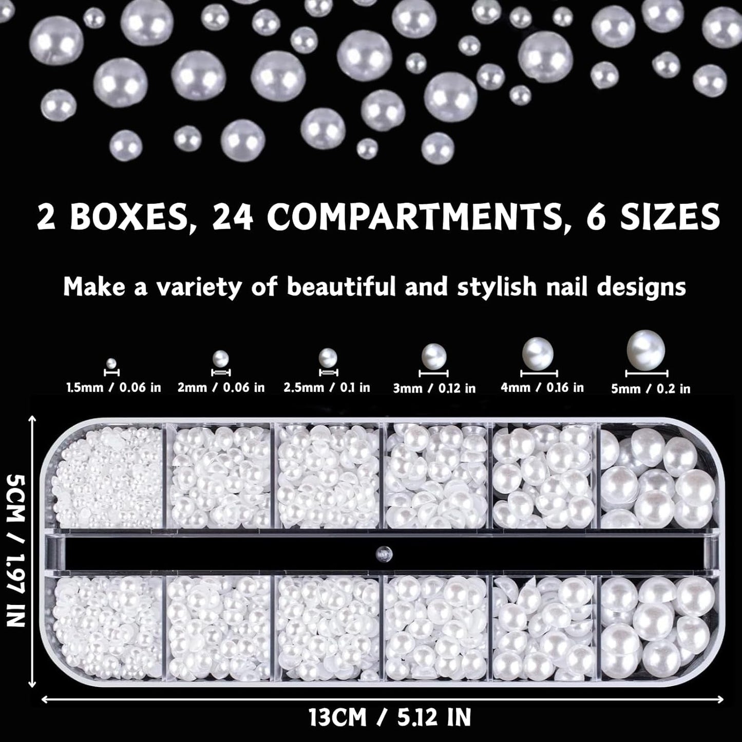 12 Größen Nail Art Perlen, Flache Perlen, Nail Art Accessoires, Halbkreis Nagelperlen, Weiße Nail Charms Und Glitzersteine ​​​​Nägel Für Nail Art Design, DIY Basteln, Alltag, Hochzeit (2 pudełka)