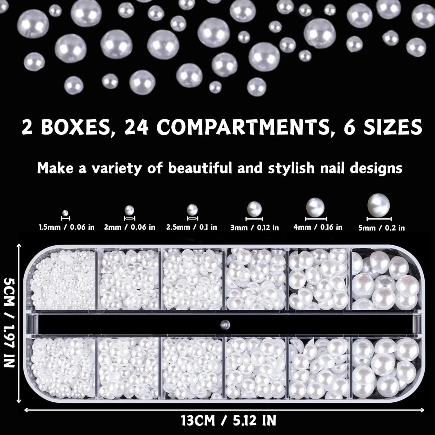 12 Größen Nail Art Perlen, Flache Perlen, Nail Art Accessoires, Halbkreis Nagelperlen, Weiße Nail Charms Und Glitzersteine ​​​​Nägel Für Nail Art Design, DIY Basteln, Alltag, Hochzeit (2 pudełka)