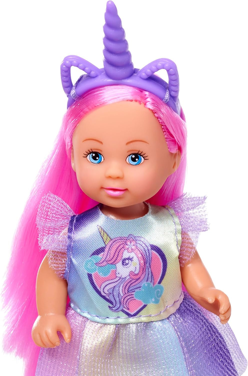 Lalka Simba Evi Love Unicorn Play, ubrana w uroczą sukienkę z jednorożcem i pasującą opaską na głowę, w tym jednorożec ze stajnią, jabłkami i butelką do picia, 12 cm, wiek 3+