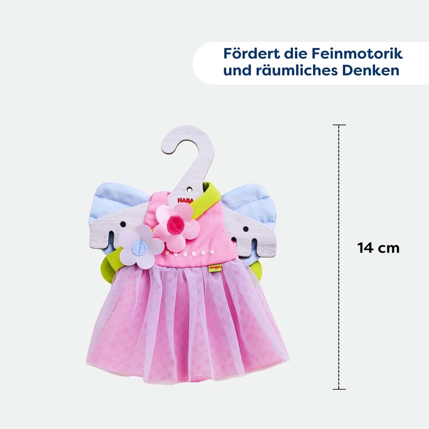 Ubranka dla lalek HABA Fairy Magic - 2-częściowy zestaw dla lalek w wieku 18 miesięcy i więcej (30 cm) - tiulowa sukienka ze skrzydełkami, w komplecie kwiatowa opaska do włosów - 1306243001