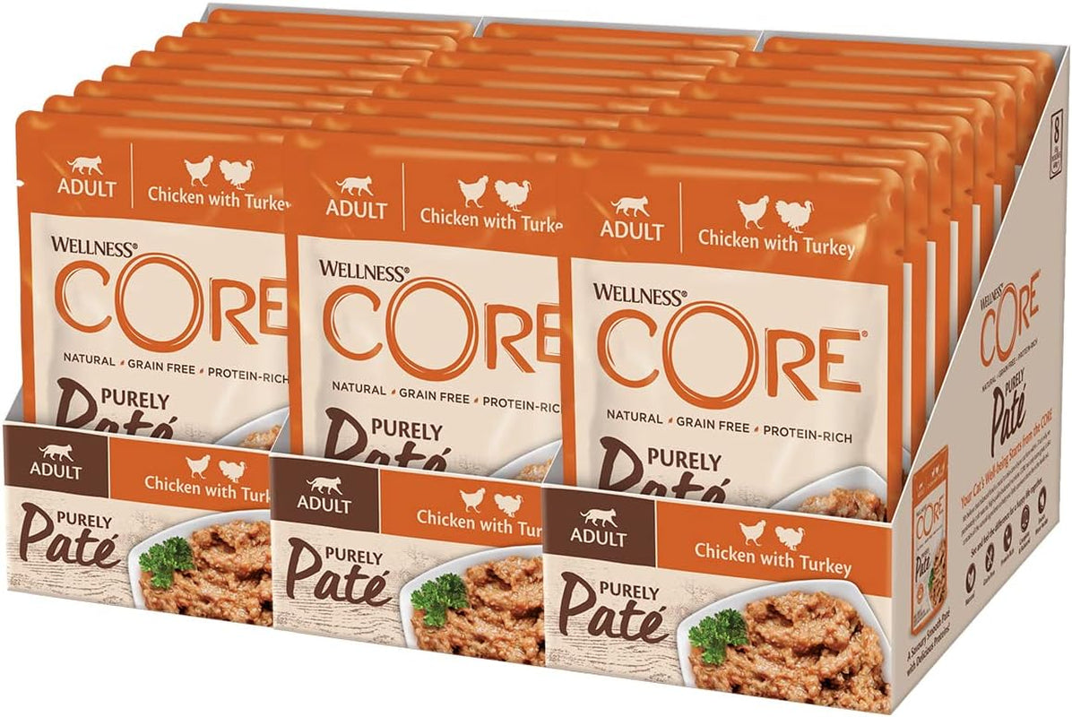 Wellness CORE Purely Paté 24 x 85g, Kurczak i Indyk - Mokra karma dla kotów, delikatny pasztet, bez zbóż, naturalny, hipoalergiczny, o wysokiej zawartości białka, o wysokiej zawartości mięsa