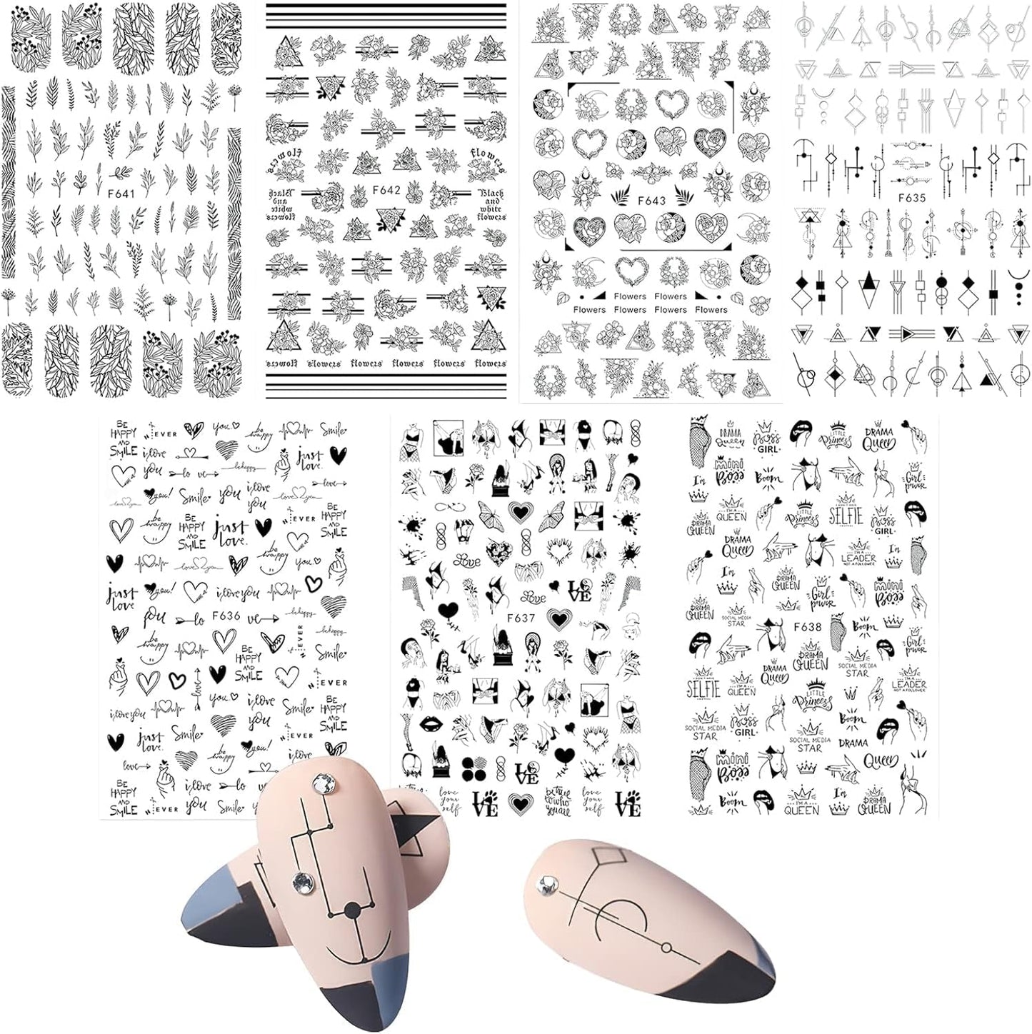 7 Blätter Nagelsticker Selbstklebend Nagelsticker Blumen Abstrakt 3D Schwarz Nagelaufkleber Nageldesign Herzform Wörter Pflanzen Nagel Naklejka DIY Nail Art Zubehör Maniküre Dekoration
